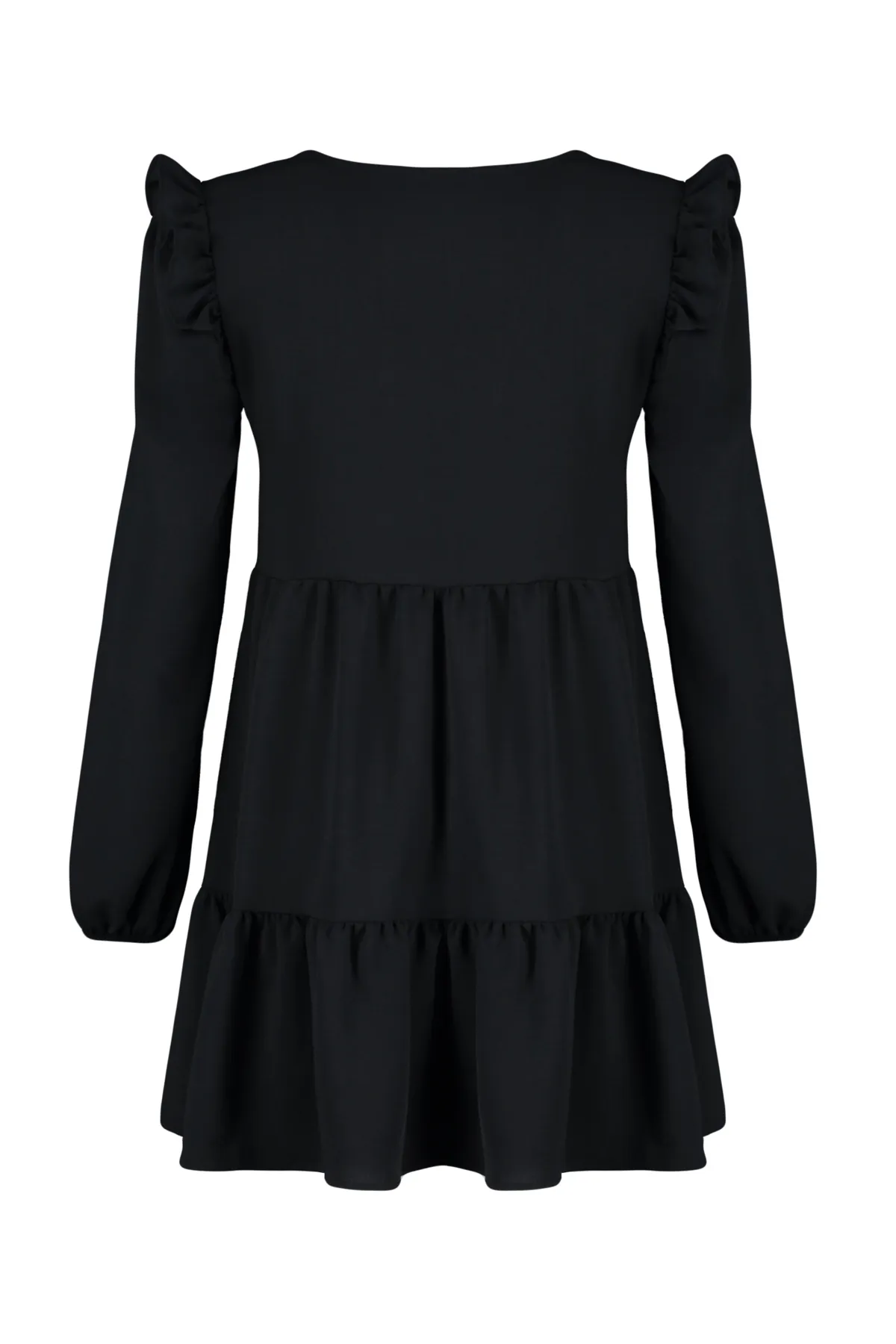 Trendyol Collection  Schwarzes, gerade geschnittenes Mini-Webkleid mit gerafften Rüschen und Details TWOAW22EL0762