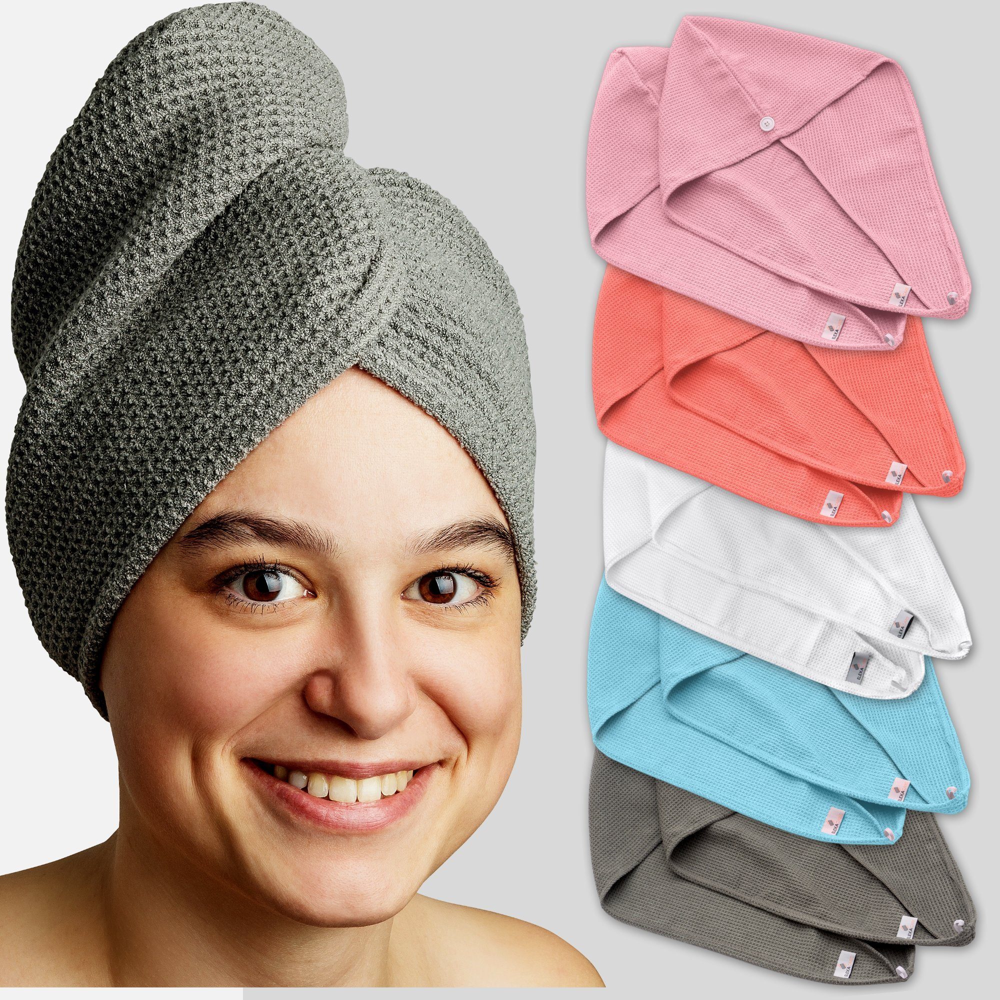 ELEXACARE Turban-Handtuch Haarturban mit Knopf, Mikrofaser (2-St), Turbanhandtuch mit Knopf und Schlaufe