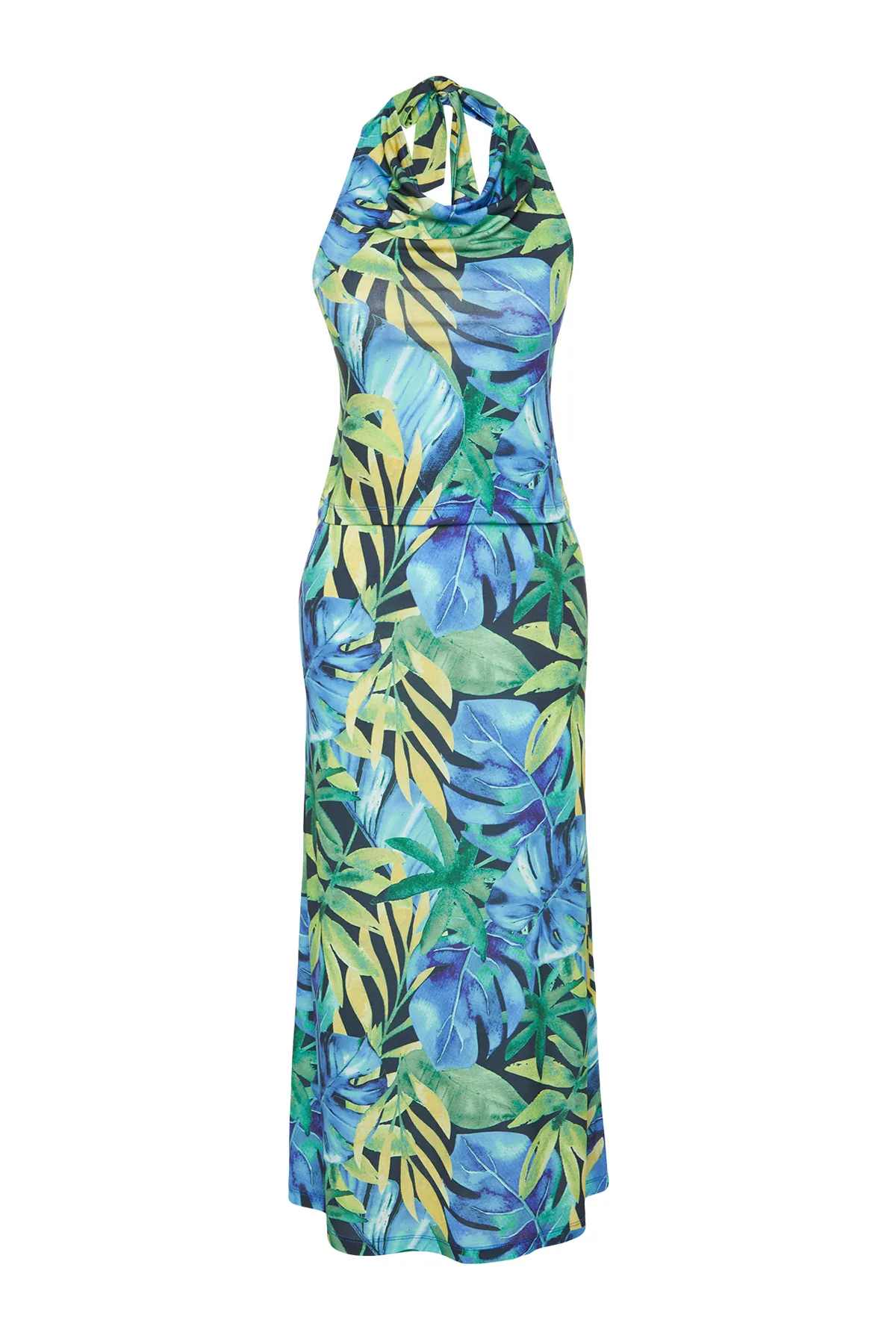 Trendyol Collection  Grünes, floral bedrucktes, schmales Set aus Strick mit Degaje-Kragen und flexiblem Unterteil und Oberteil TWOSS24AU00016