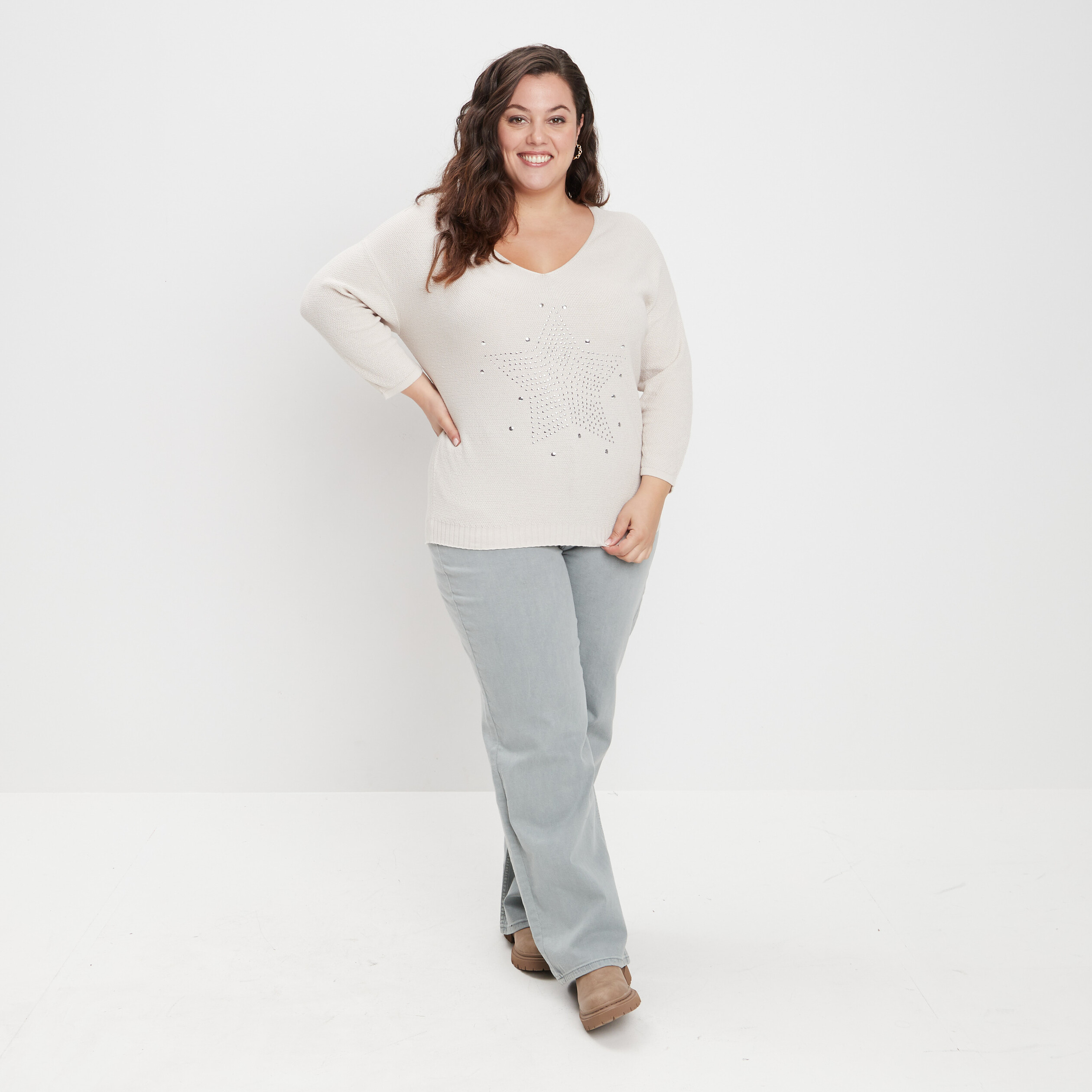Pull manches 3 4 sable femme grande taille | La Halle