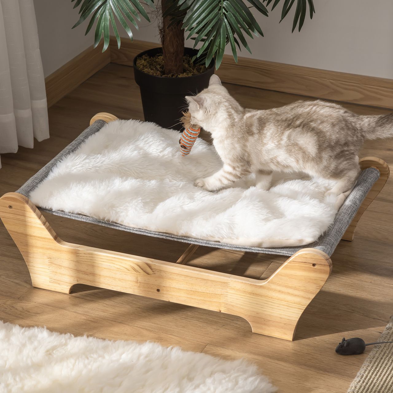 PawHut Katzenbett mit Gestell Hängematte für Katzen mit weichem Kissen Holz