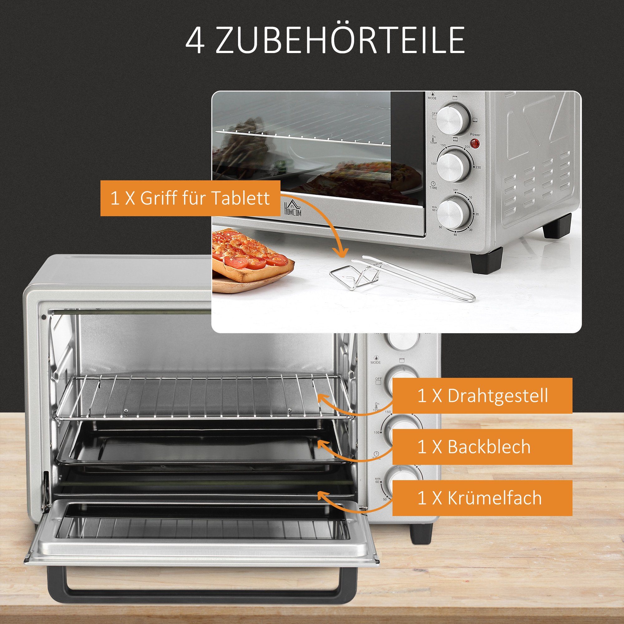 HOMCOM Minibackofen Minibackofen, 32L Elektrischer Mini Ofen Drei Stufen Silber
