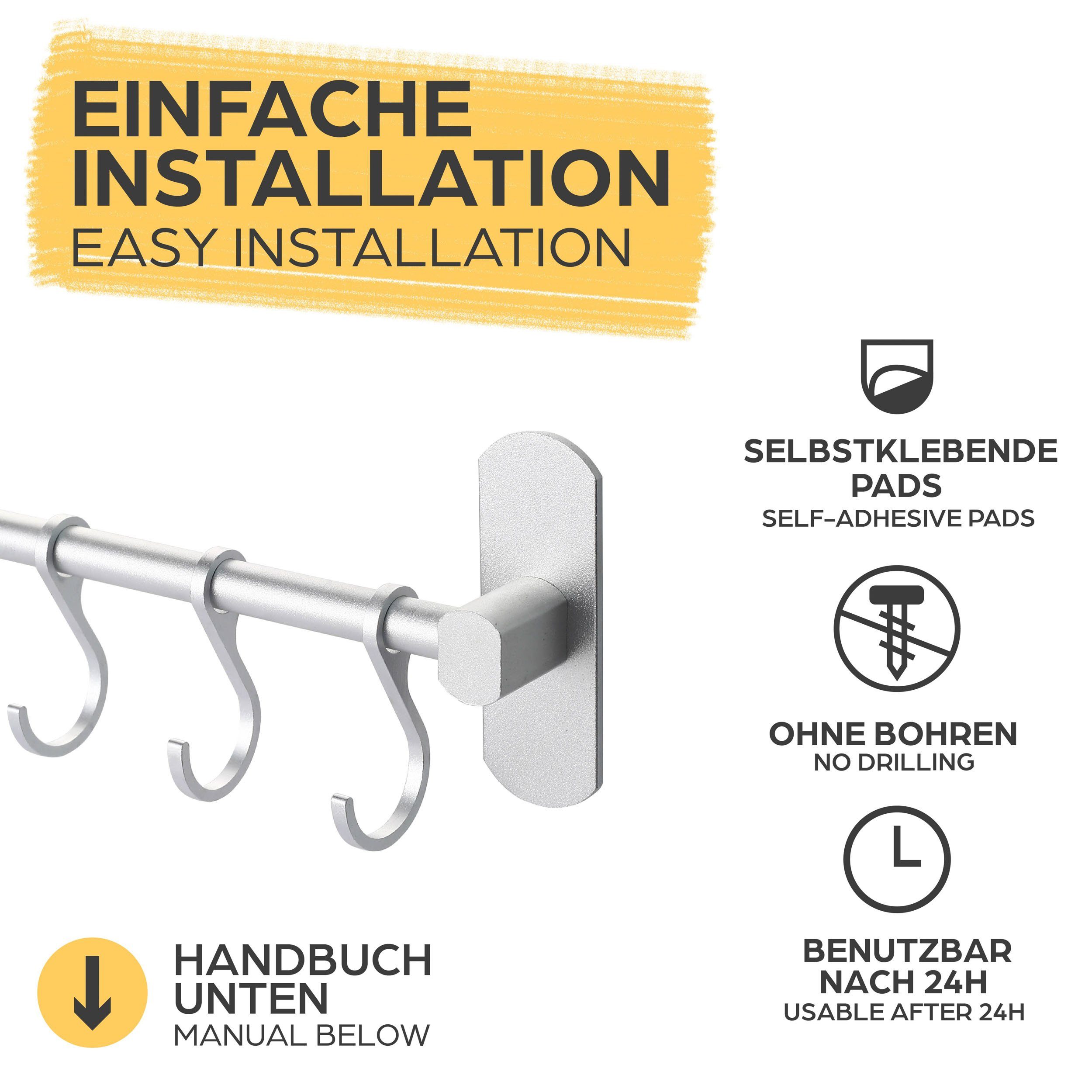 Praknu Wandhaken Hakenleiste für Küchenutensilien mit 8 Haken, Küche, Badezimmer, Terrasse, Balkon, Keller, Werkstatt, Garage, (Set, 8-St., Hakenleiste mit 8 Haken), Ohne Bohren - Selbstklebend - 40 cm