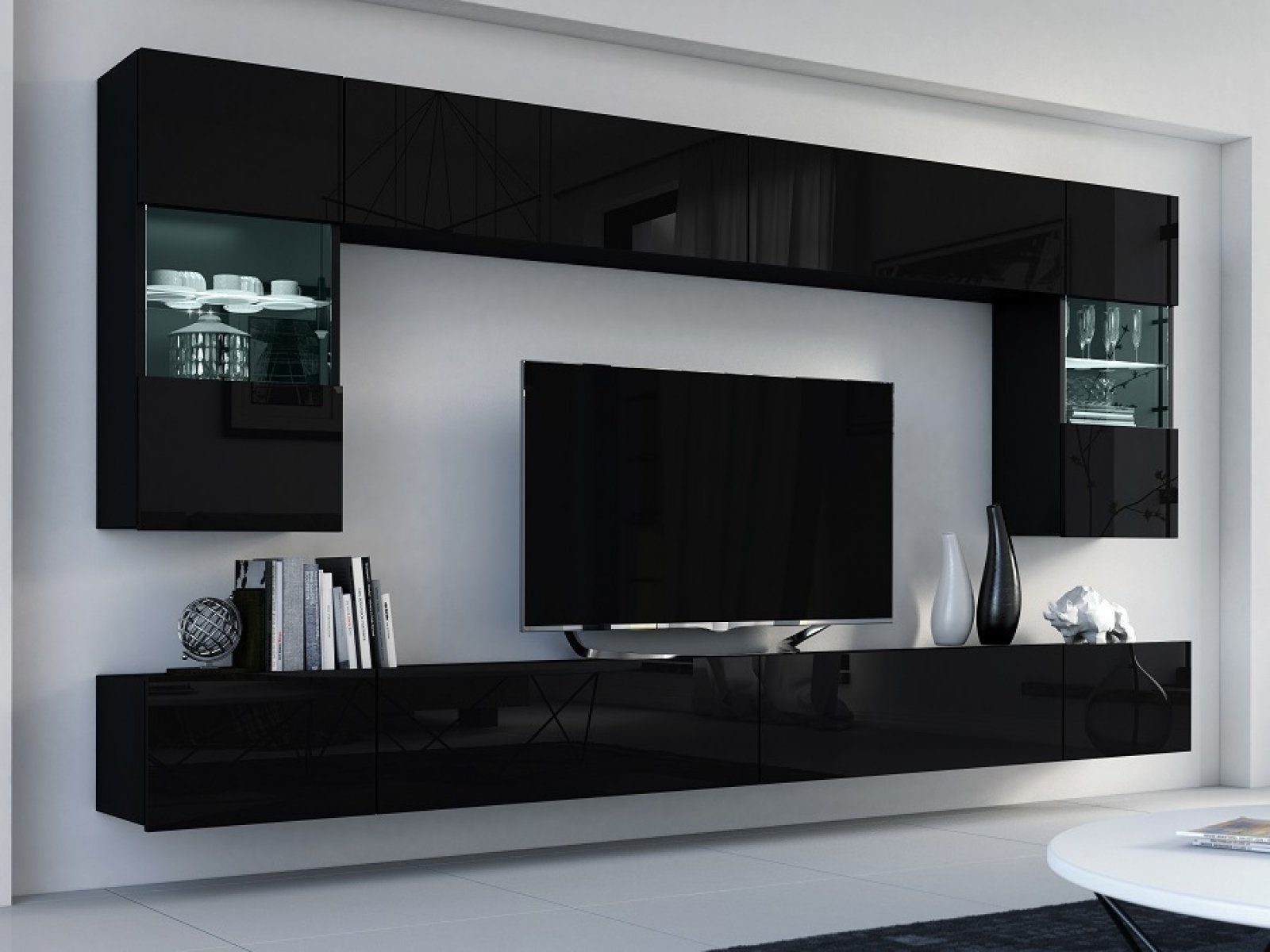 kaufexpert Wohnwand BESTSELLER Wohnwand Flow MDF Schwarz Hochglanz/Schwarz Matt 300 cm LED