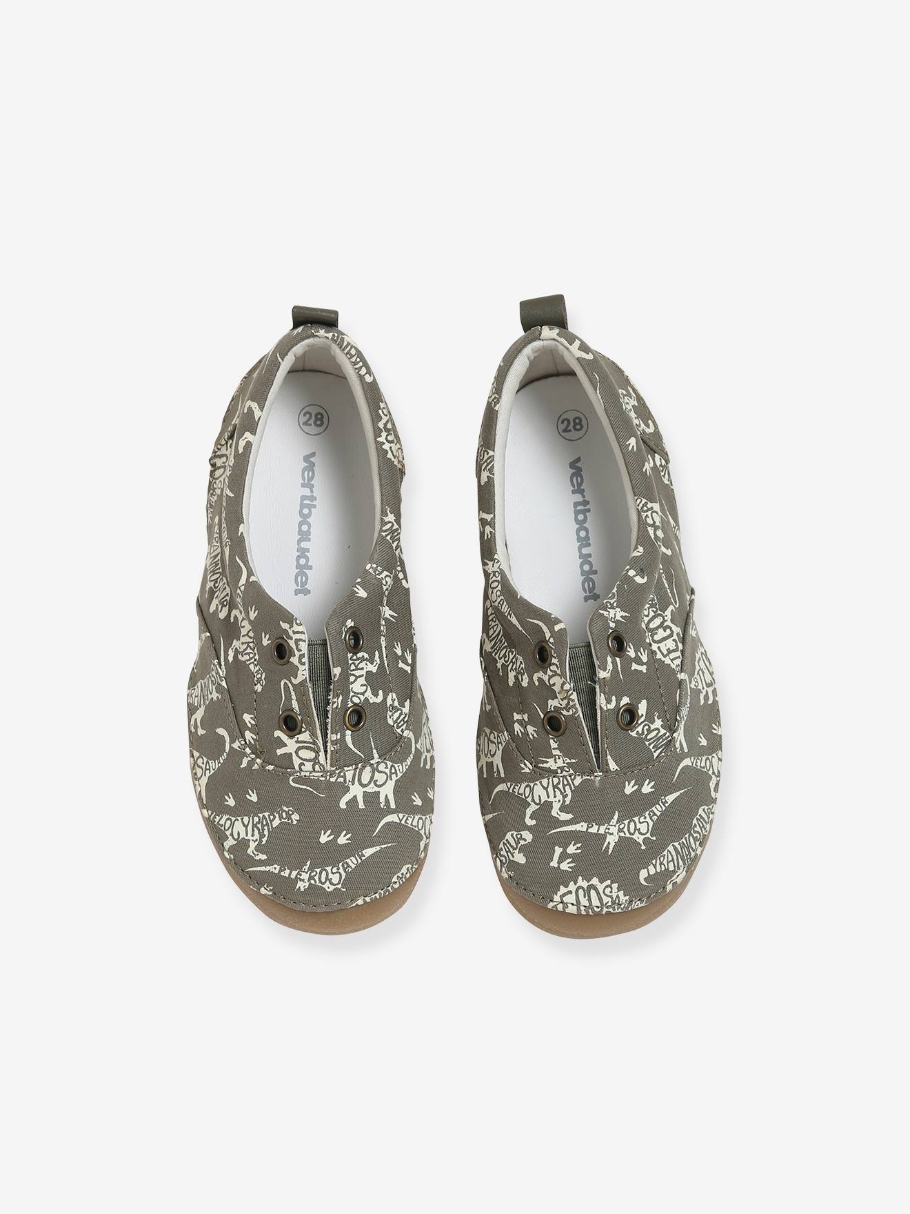 Chaussons élastiqués garçon en toile imprimé phosphorescent kaki dinosaure