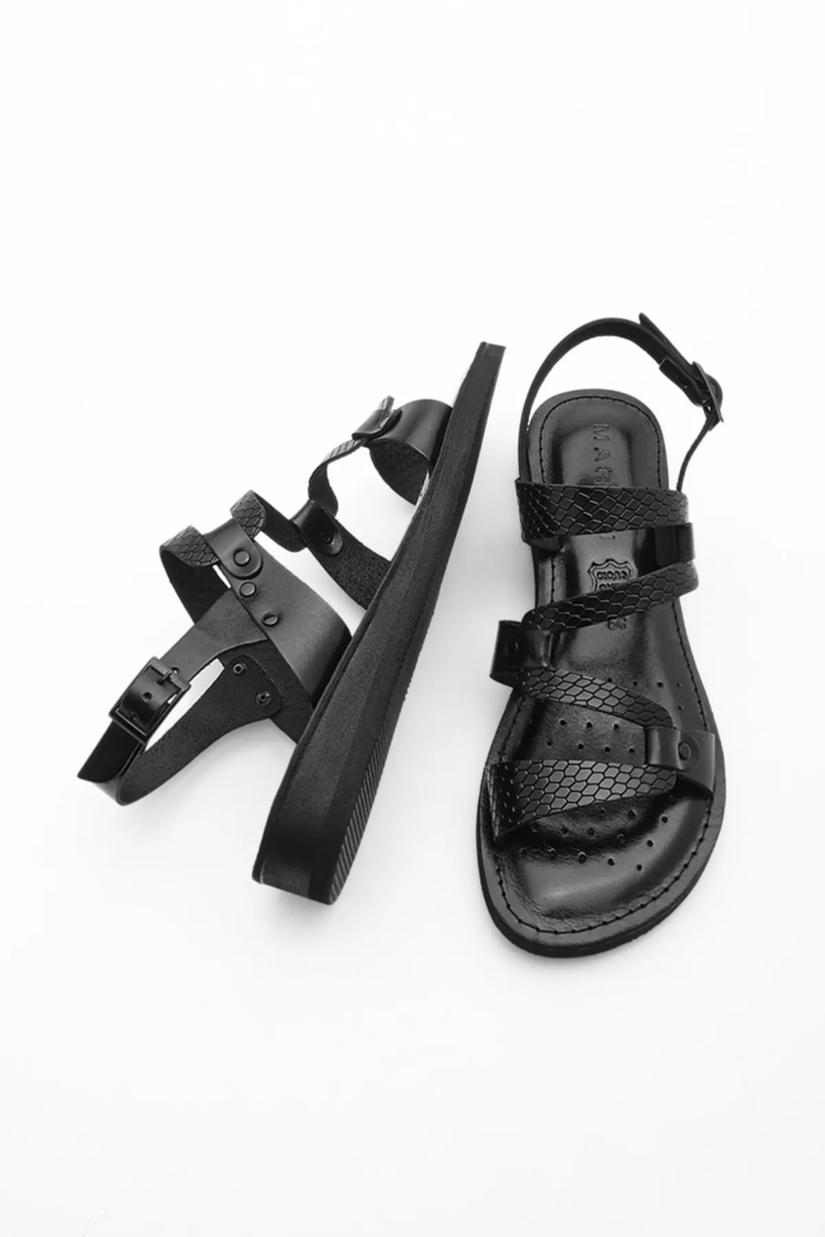 Marjin  Damen Sandalen aus echtem Leder, leichte Eva-Sohle, für den Alltag, Perte Black Snake