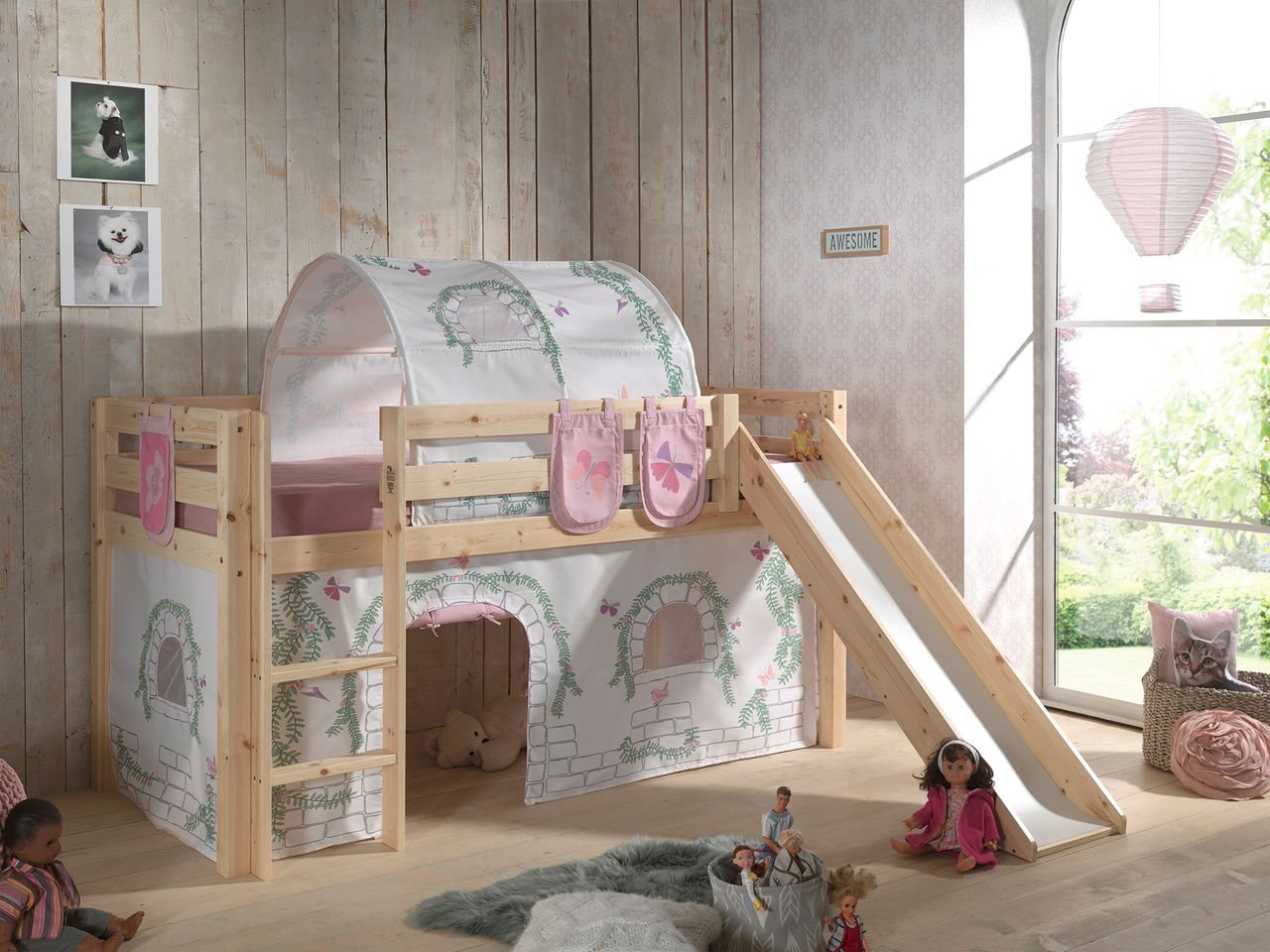 VIPACK Spielbett Pino inkl. Rutsche mit Textilset Vorhang, Tunnel und 3 Taschen 