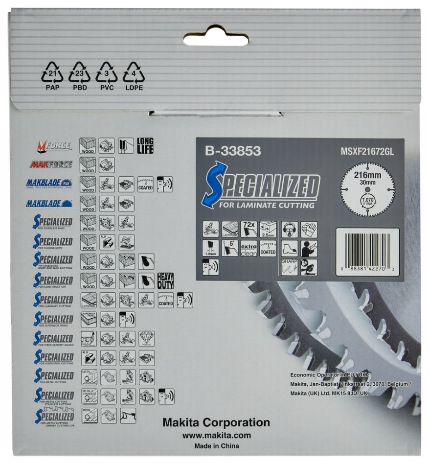 Makita Accessories B-33853 List za ugaonu pilu Specialized Laminate TCG 216 x 30 x 2,5 mm T72
