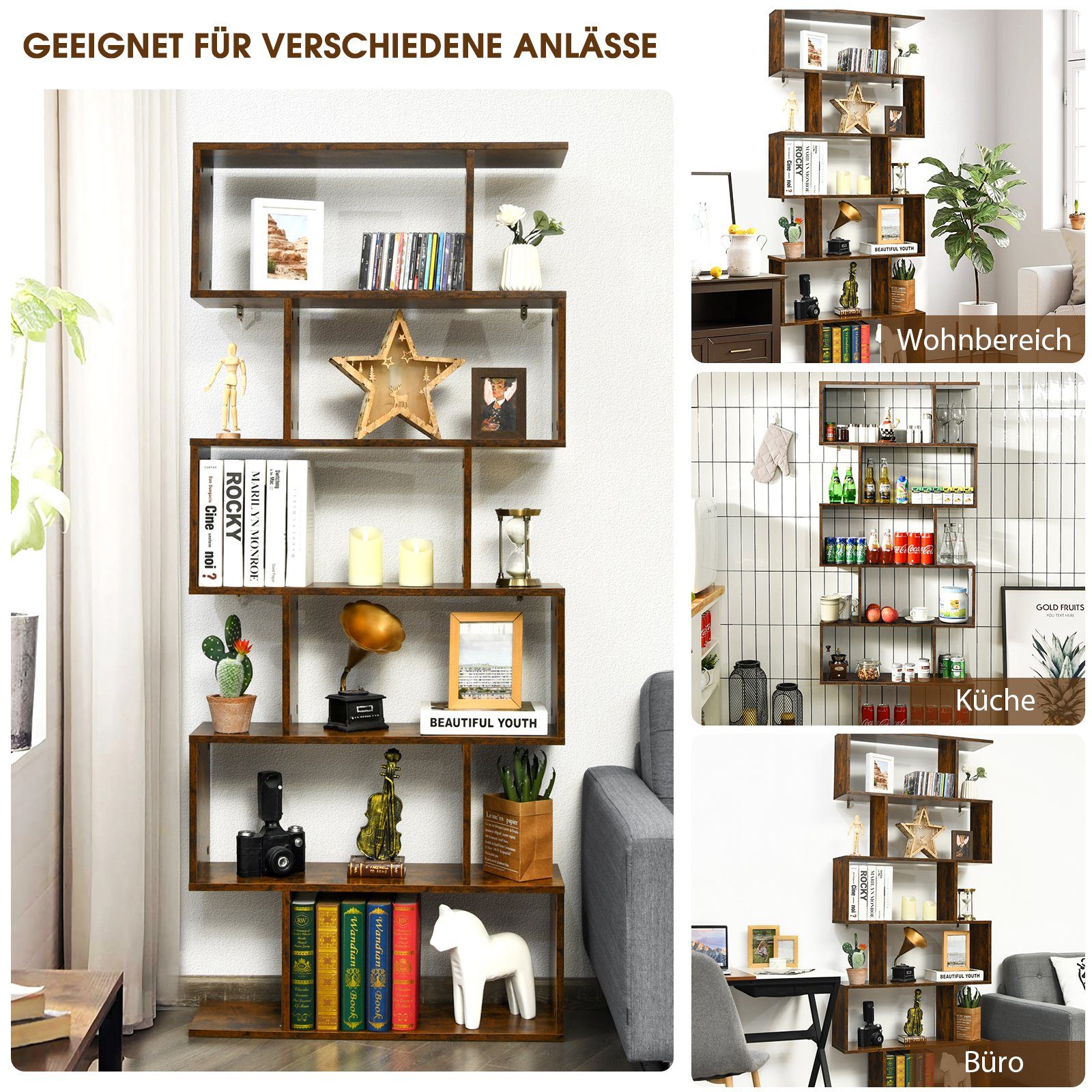 COSTWAY Bücherregal, Standregal mit 6 Fächern, 20 kg/Ebene, 80x23x192cm, braun