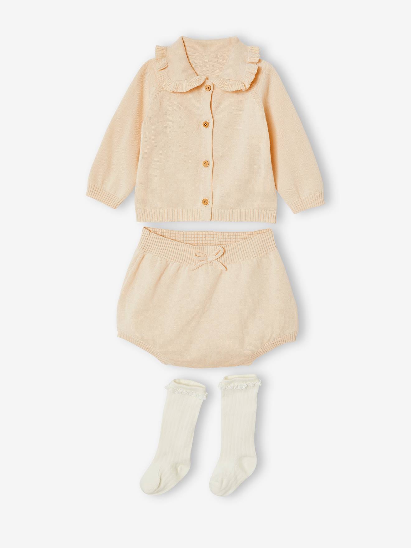 Ensemble 3 pièces : cardigan + bloomer + chaussettes bébé naissance sable