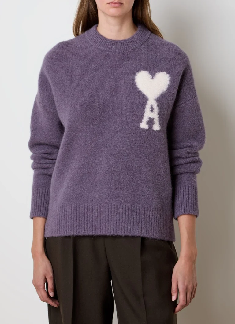 Maglione AMI Paris a maglia grossa in misto lana d'alpaca con logo lavorato a maglia.