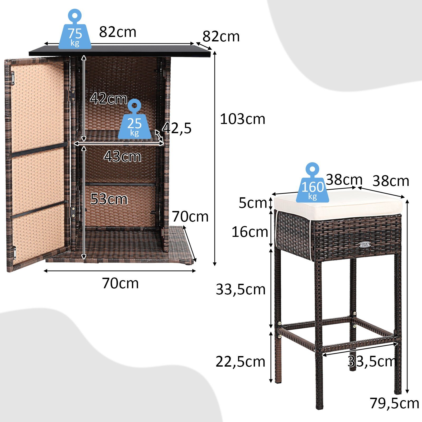 COSTWAY Gartenbar-Set, 5-tlg, Rattan, Tisch mit Stauraum&4 Hockern mit Kissen