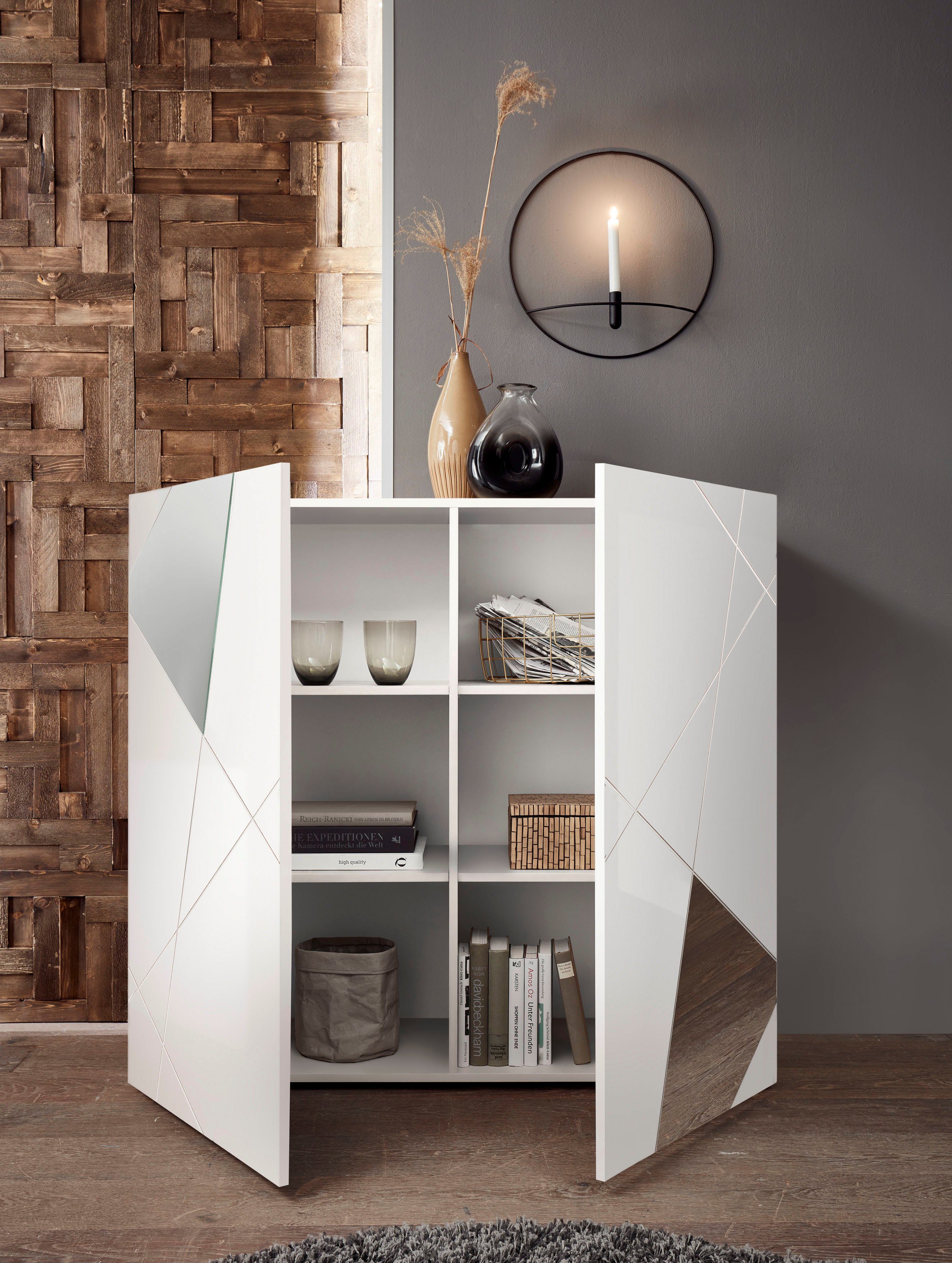 LC Highboard Vittoria, Breite 121 cm, Front mit Siebdruck und Spiegel