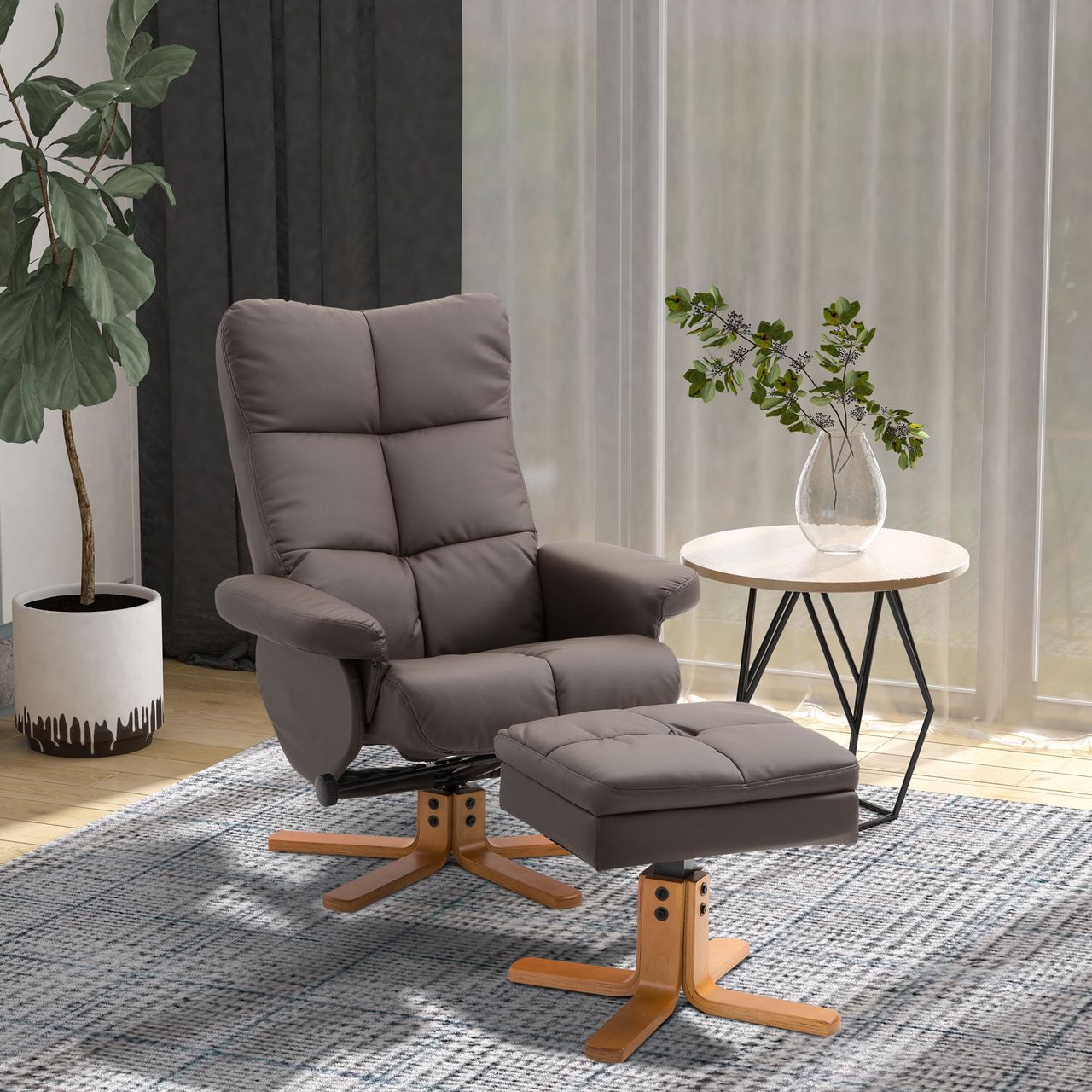 HOMCOM Relaxsessel Fernsehsessel 360° drehbarer Sessel mit Hocker Liegefunktion Holzgestell Braun 80 x 86 x 99cm