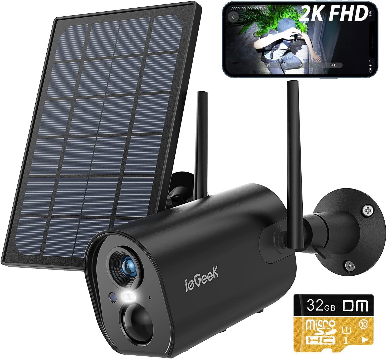 ieGeek 2K 3MP Überwachungskamera Aussen solar,Kabellos Kamera mit SD Karte Überwachungskamera (Aussen Außen Außenbereic Innenbereich, Videoverlauf,Multi-Device-Sharing,Arbeit mit Alexa,IP65 wasserdicht, FHD,4-dBi-Antenne,PIR-Bewegungserkennung&Sirene