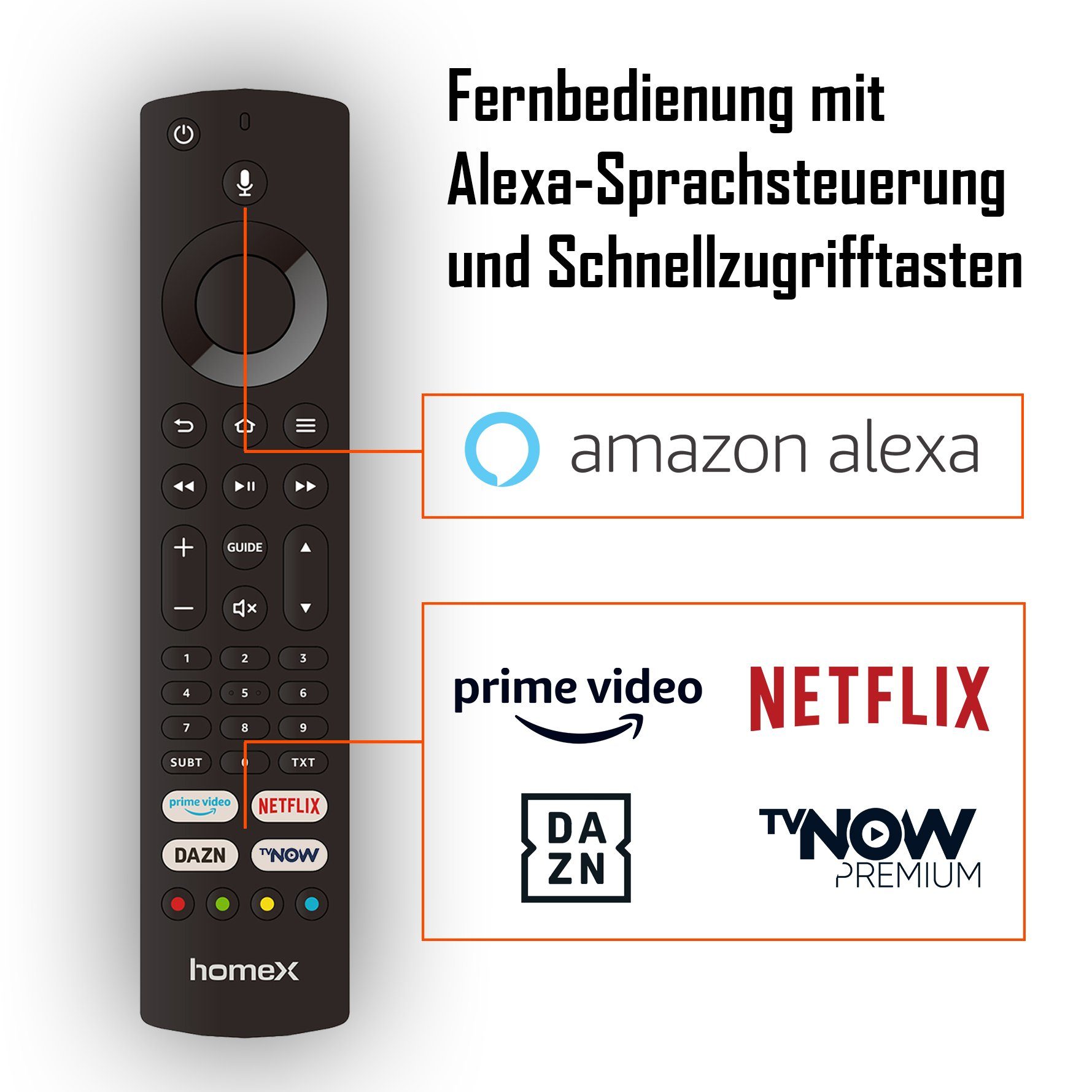 homeX UA43FT5505 LCD-LED Fernseher (108 cm/43 Zoll, 4K Ultra HD, Fire TV, HDR Dolby Vision, Triple-Tuner, Alexa)