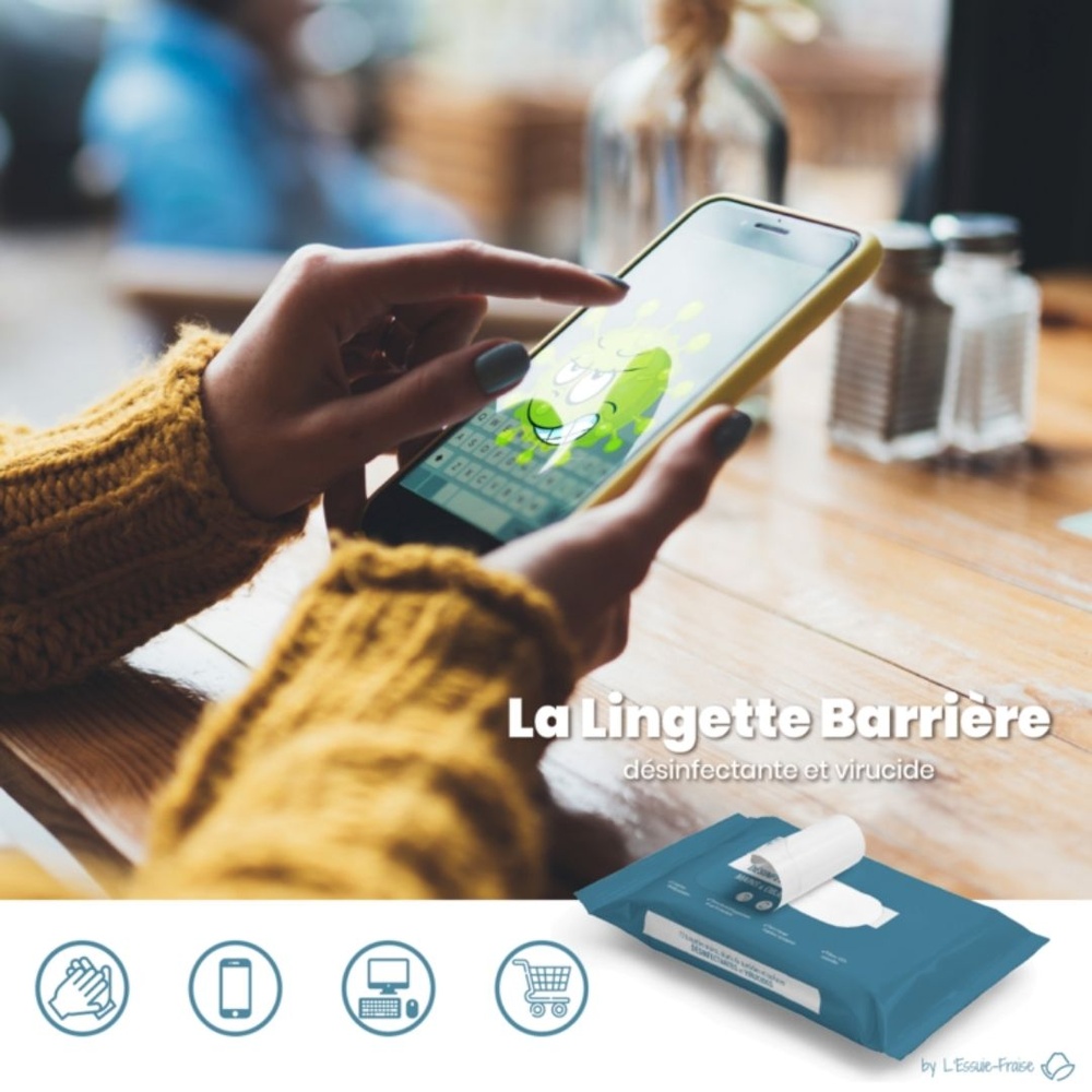 carlo & carla La Lingette Barrière : paquet de 12 lingettes désinfectantes virucides (fab. FR) Lingettes désinfectantes pour les mainset objets/surfaces (smartphones,…)