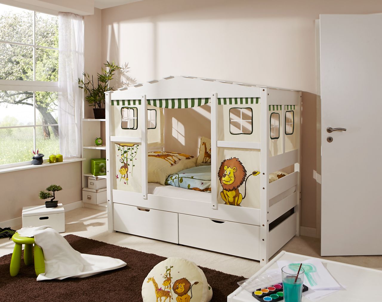 Ticaa Hausbett MINI Safari Var 4 - mit 2er Schubkästen - inkl. Matratze