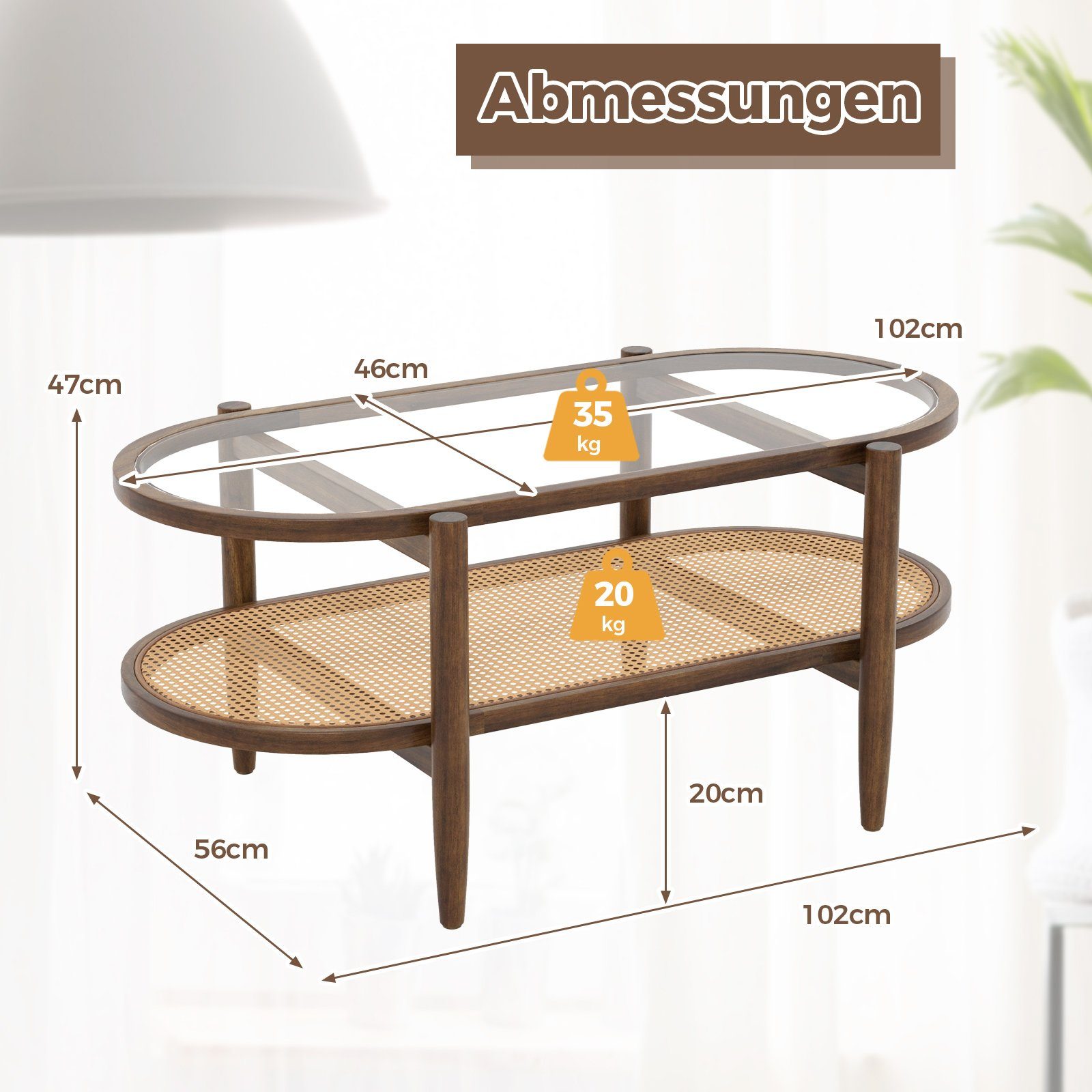 COSTWAY Couchtisch, mit Stauraum, aus Glas, Rattan & Massivholz, 102x56x47cm