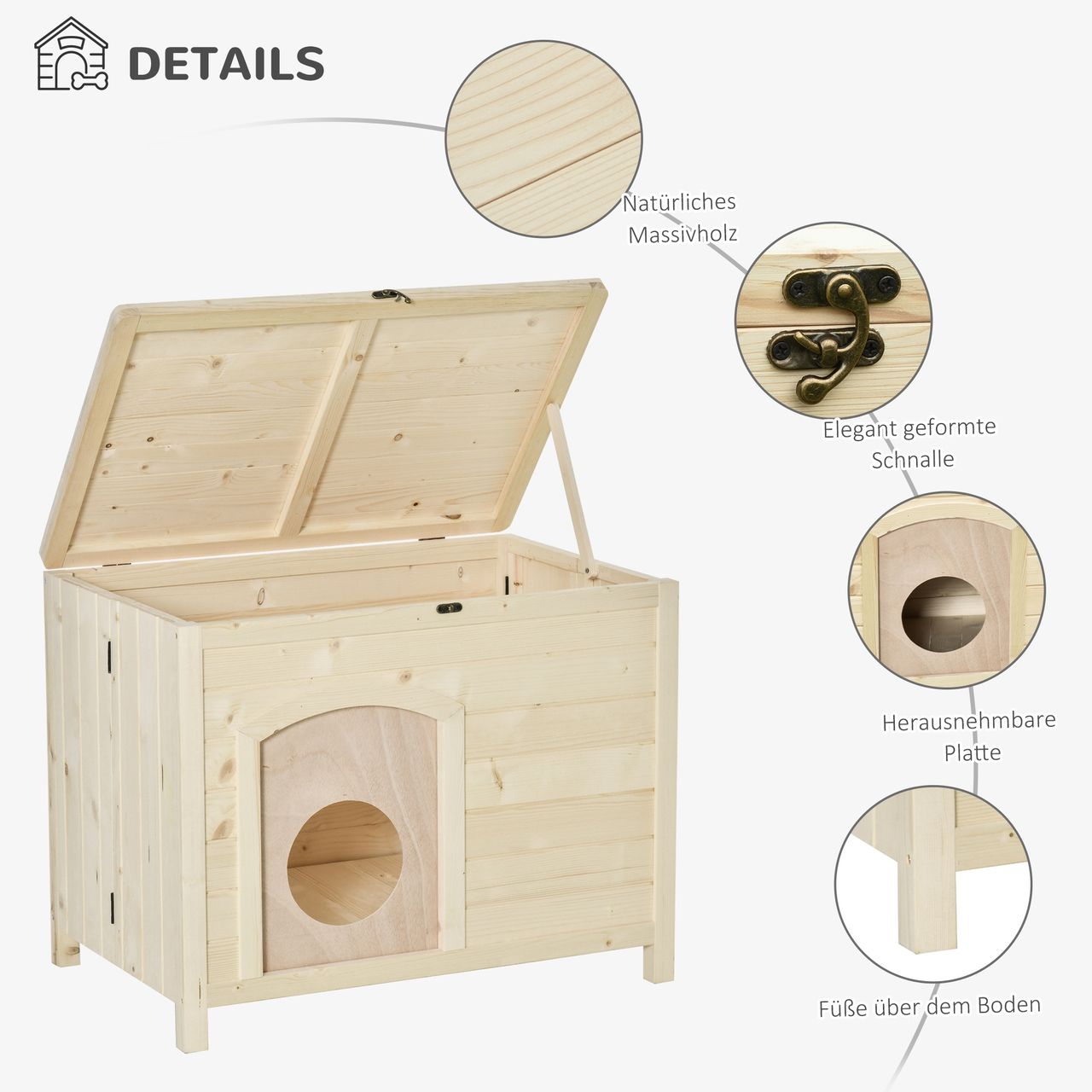 PawHut Hundehütte Hundehaus faltbar Haustierhaus katzenhaus Massivholz Natur 78 x 51 x 62 cm
