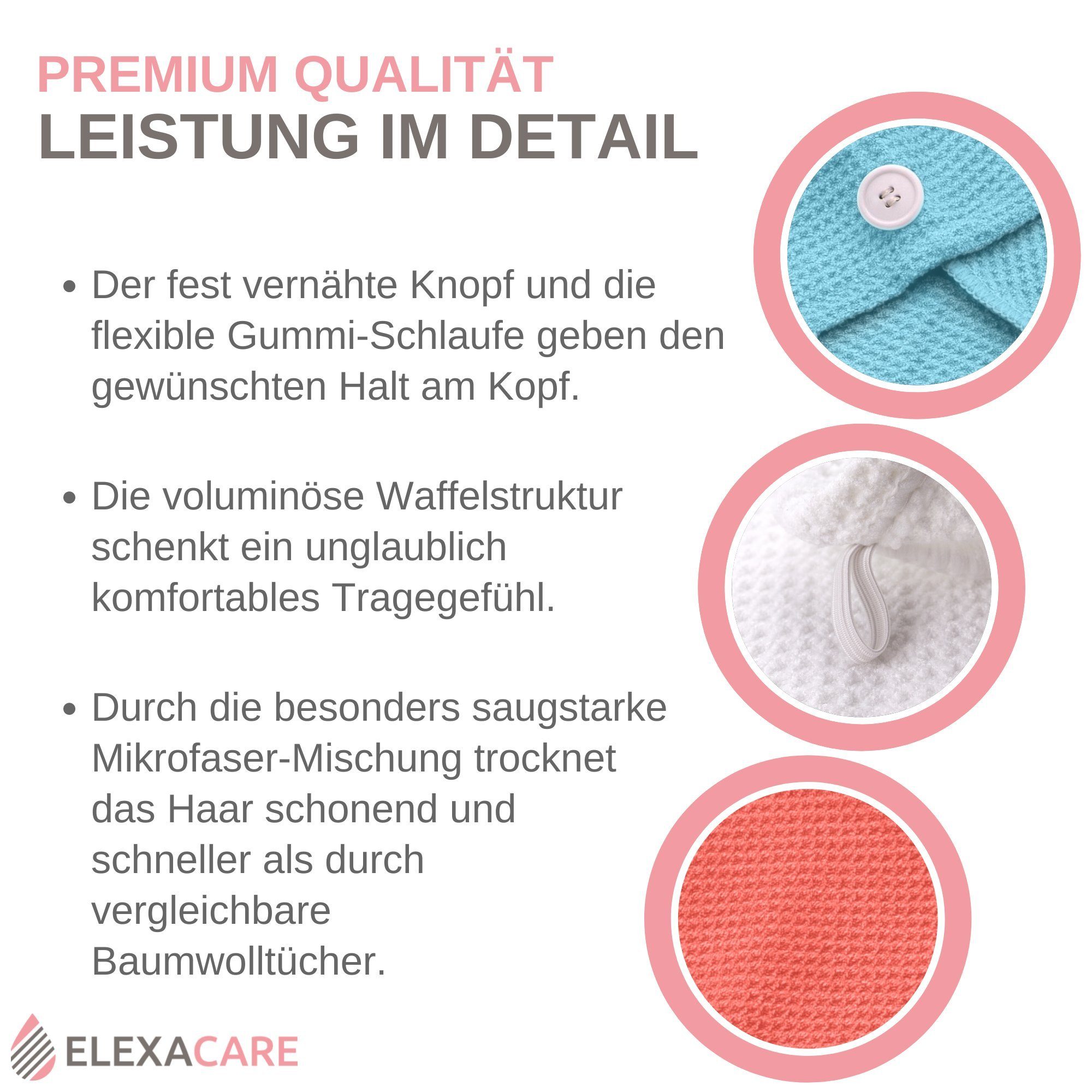 ELEXACARE Turban-Handtuch Haarturban mit Knopf, Mikrofaser (2-St), Turbanhandtuch mit Knopf und Schlaufe