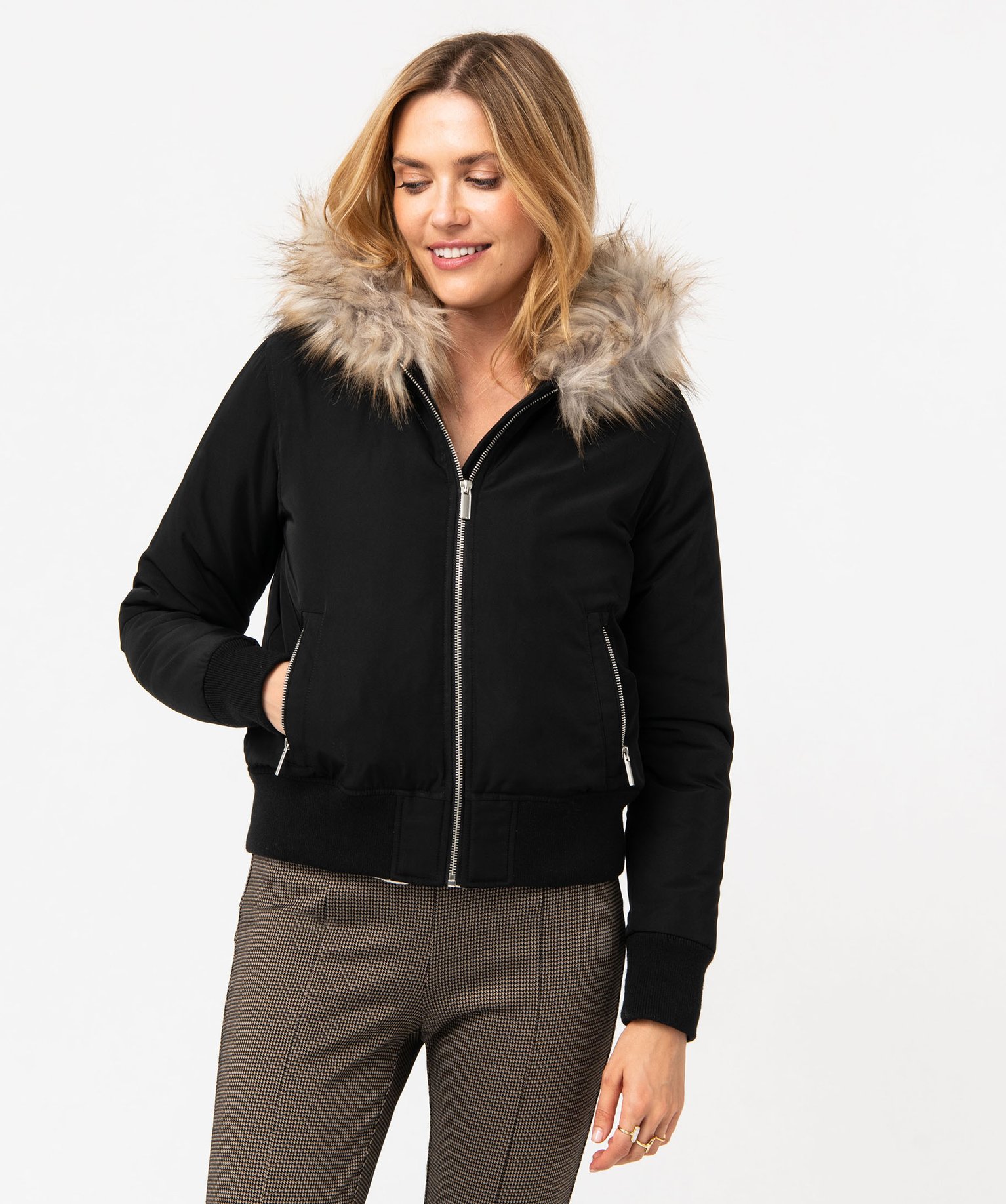 Blouson doublé peluche avec capuche femme noir | GEMO