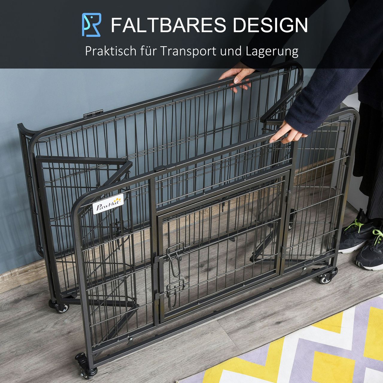 PawHut Transportbox faltbarer Transportkäfig mit Rädern Metall Grau Schwarz