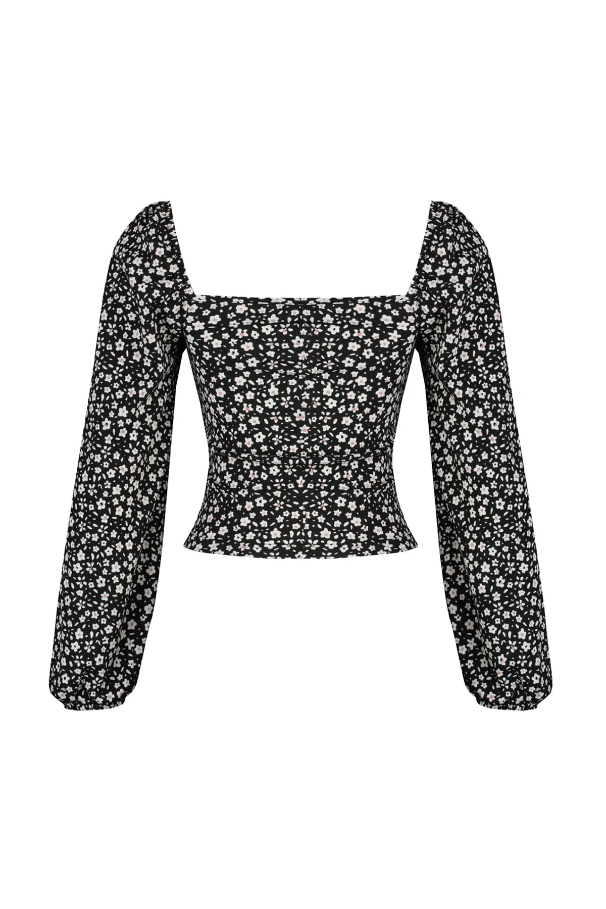 Trendyol Collection  Schwarzer, figurbetonter Pullover mit quadratischem Ausschnitt und strukturierter Strickbluse mit Blumenmuster TWOAW22BZ0254