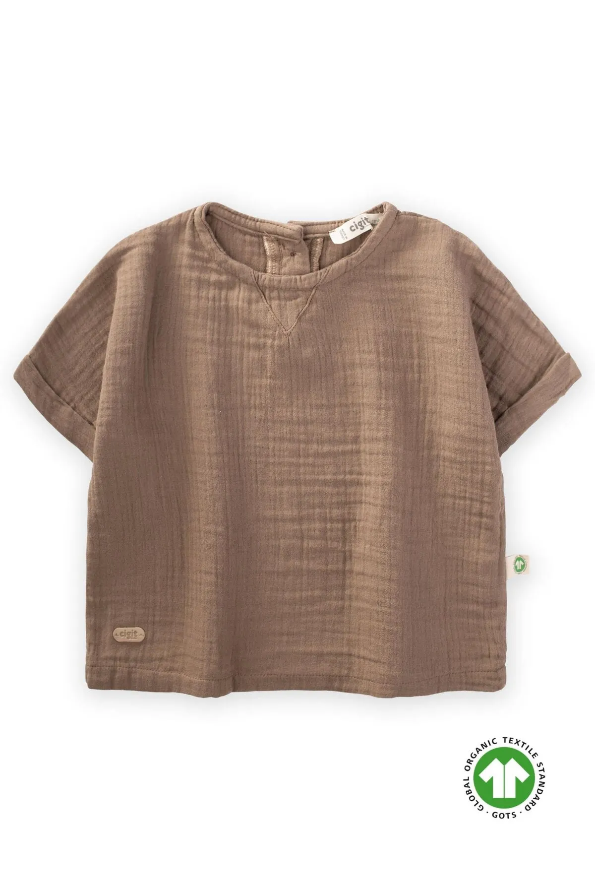 Cigit  Bio-Musselin-T-Shirt mit dreieckigen Fledermausärmeln, Alter 1–8, Dunkelbeige
