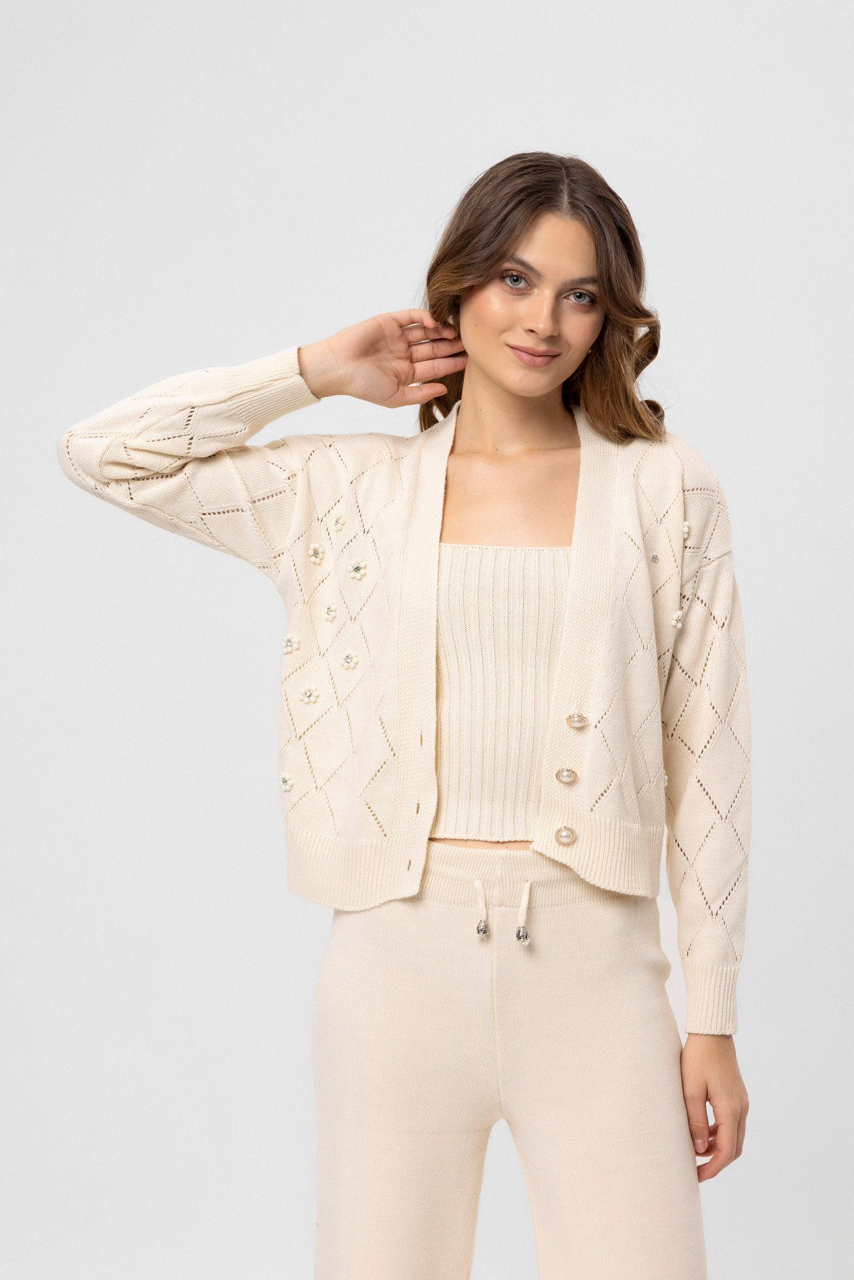 KASİDE Anzug 3-teilig Strickjacke, Bluse und Hose (3-tlg)