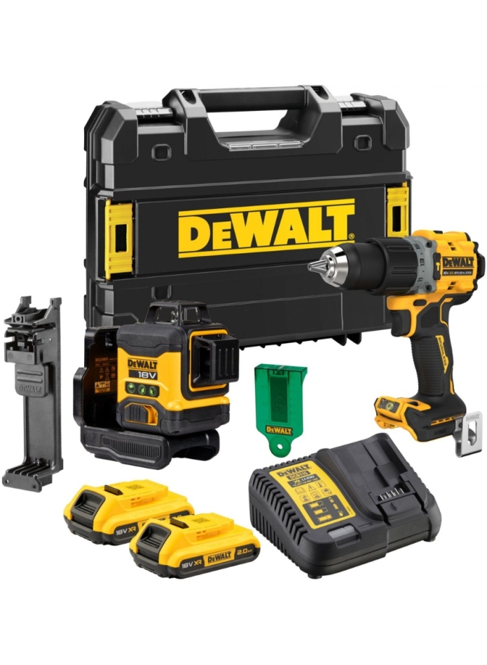 Set DeWalt DCK2095D2T-QW da 18 Volt 2.0 Ah agli ioni di litio: puntatore laser DCLE34031 + trapano a batteria DCD791.