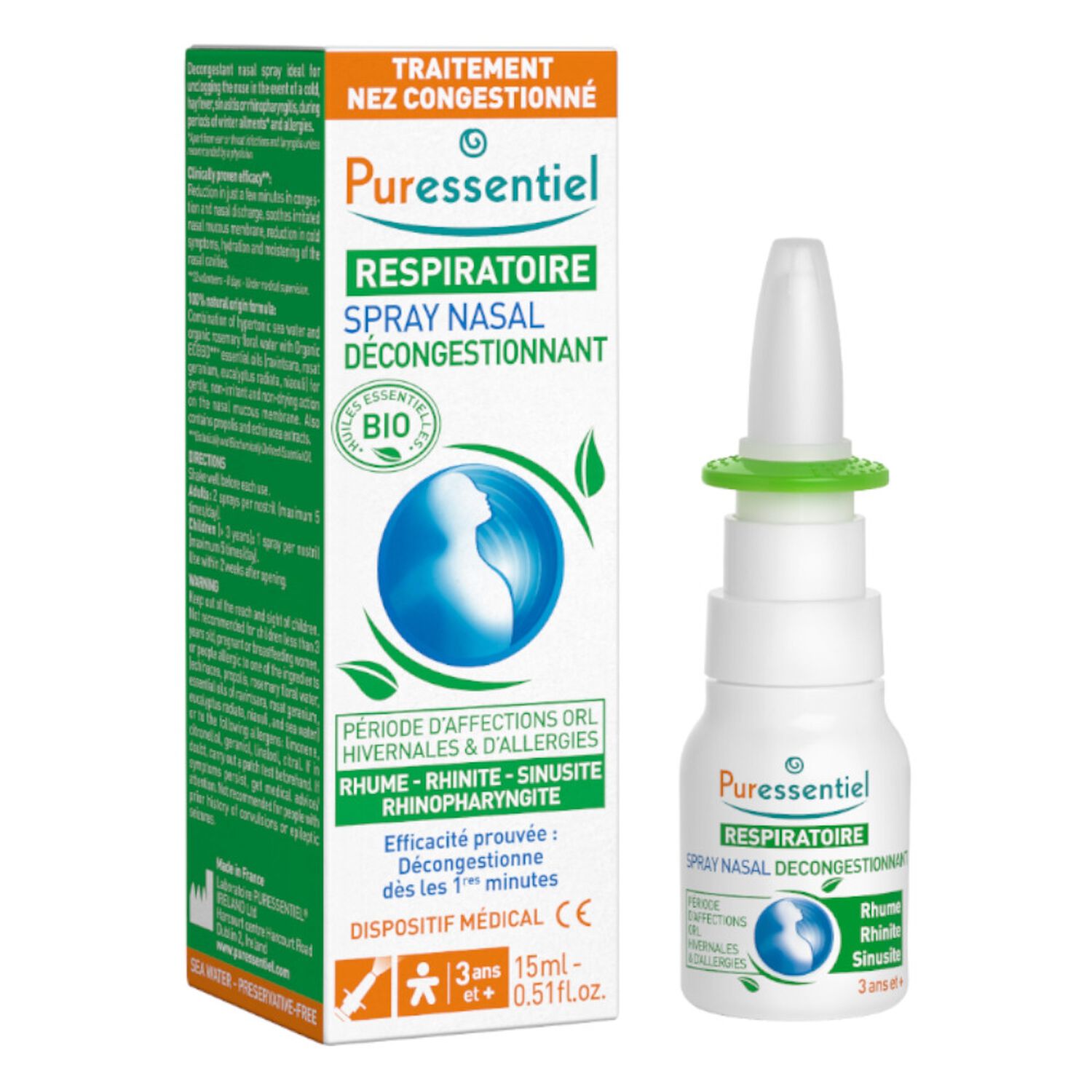 Puressentiel Respiratoire Spray Nasal Décongestionnant aux HE BIO - 15 ml