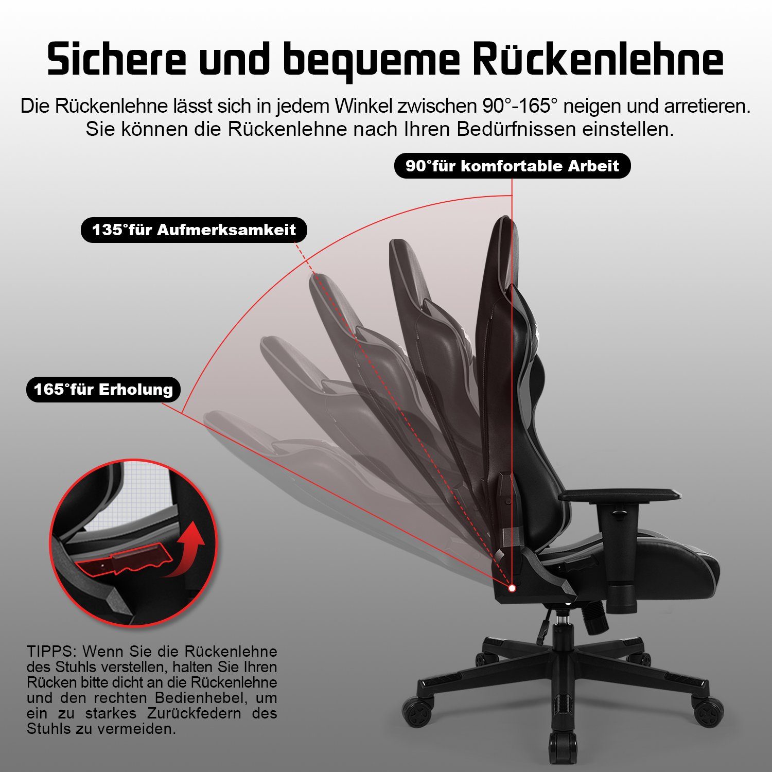 Authmic Gaming-Stuhl Gaming Stuhl, Bürostuhl (Ergonomischer Schreibtischstuhl (mit verstellbare Kopfstütze und Lendenwirbelstütze, Computerstuhl mit Lendenkissen,Gamer Stuhl Wippfunktion 90°-165°, PC Gamer Racing Stuhl bis 150kg)