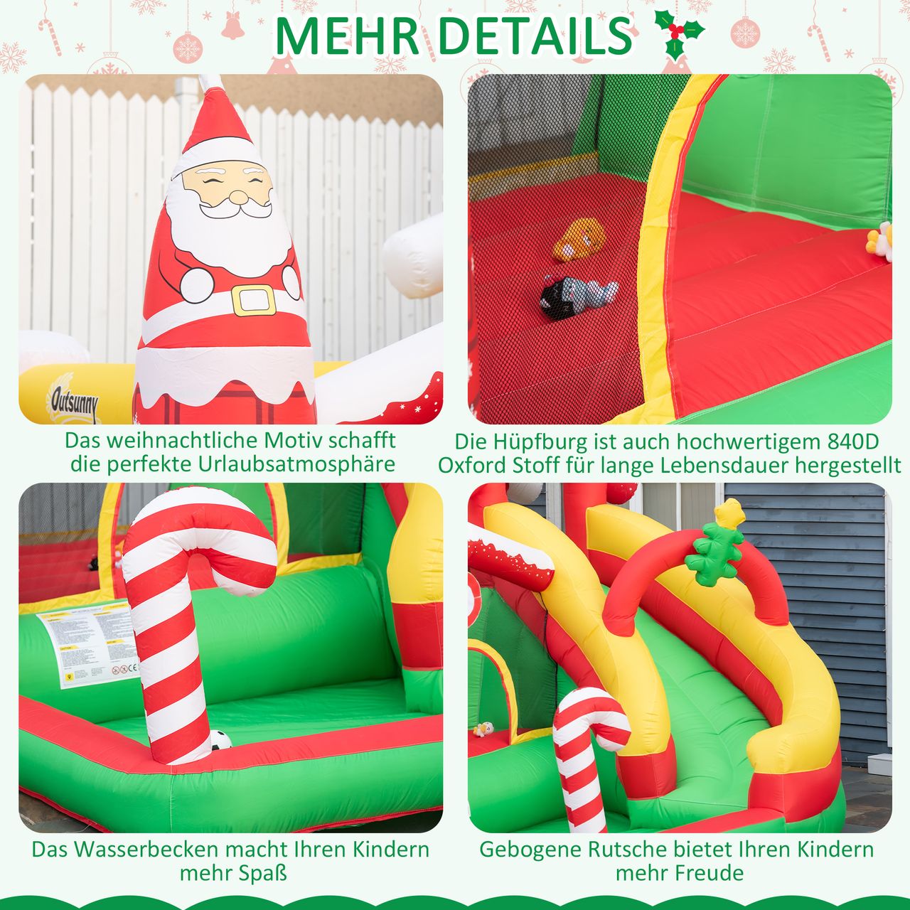 Outsunny Weihnachten Aufblasbare Hüpfburg mit Rutsche Ballgrube für 3 Kinder Springburg mit Gebläse für 3-8 Jahre Innenbereich Kindergarten Oxford-Gewebe Polyester Rot Grün Weiß 290 x 280 x 220 cm