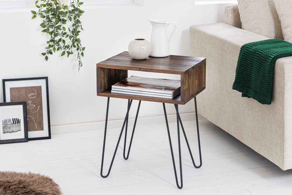 riess-ambiente Nachttisch SCORPION 40cm natur / schwarz (Einzelartikel, 1-St), Massivholz · Metall · Hairpin Legs · mit Fach · Retro · Akazie