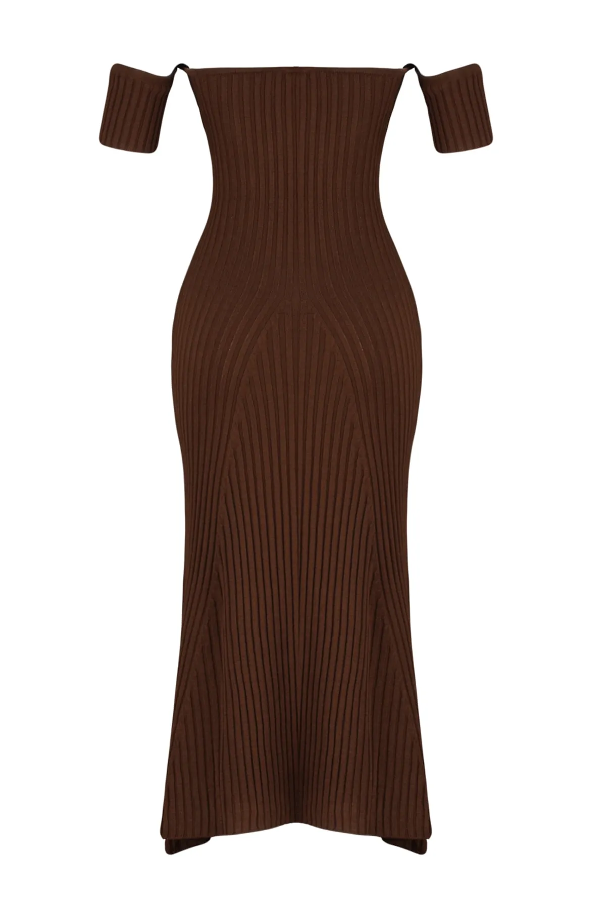 Trendyol Collection  Braunes Midi-Strickkleid mit Carmenkragen TWOSS22EL2388