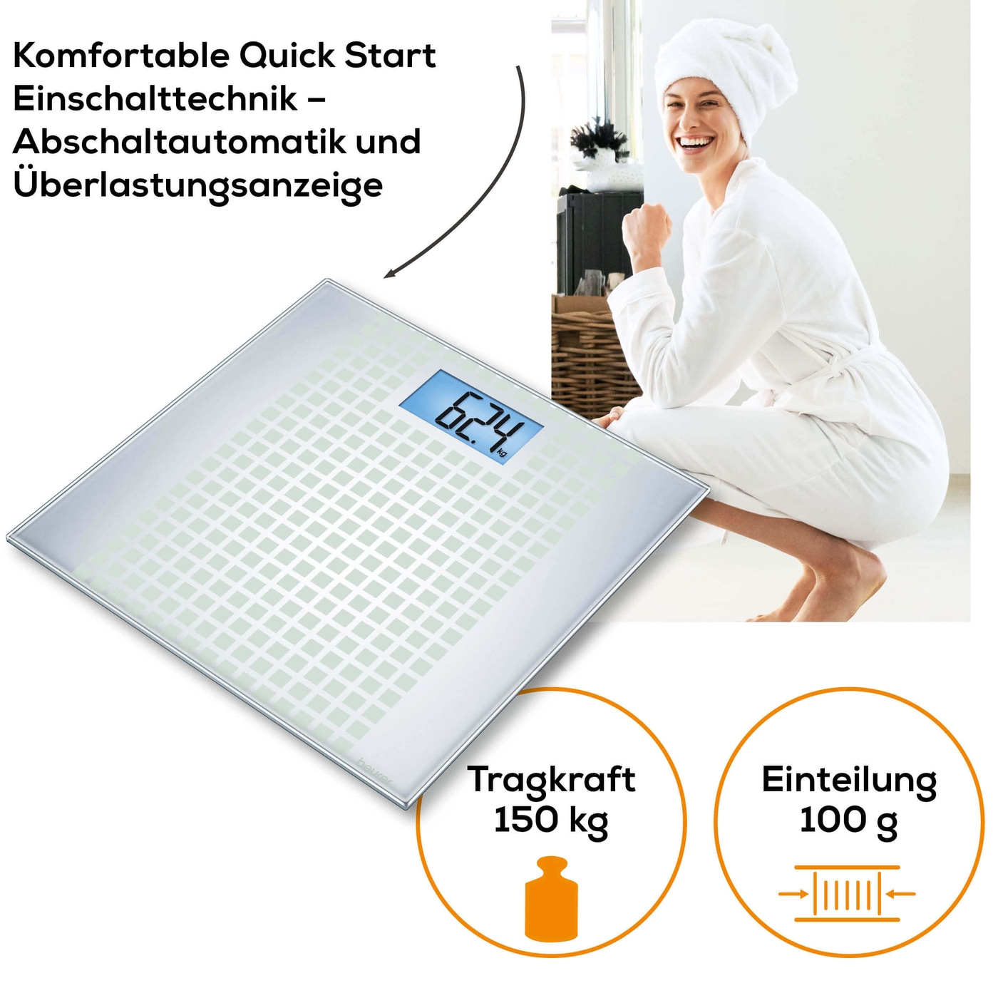 Beurer Glaswaage - GS 206 Squares-Personenwaage aus Glas mit beleuchtetem XL-Display - bis 150 kg