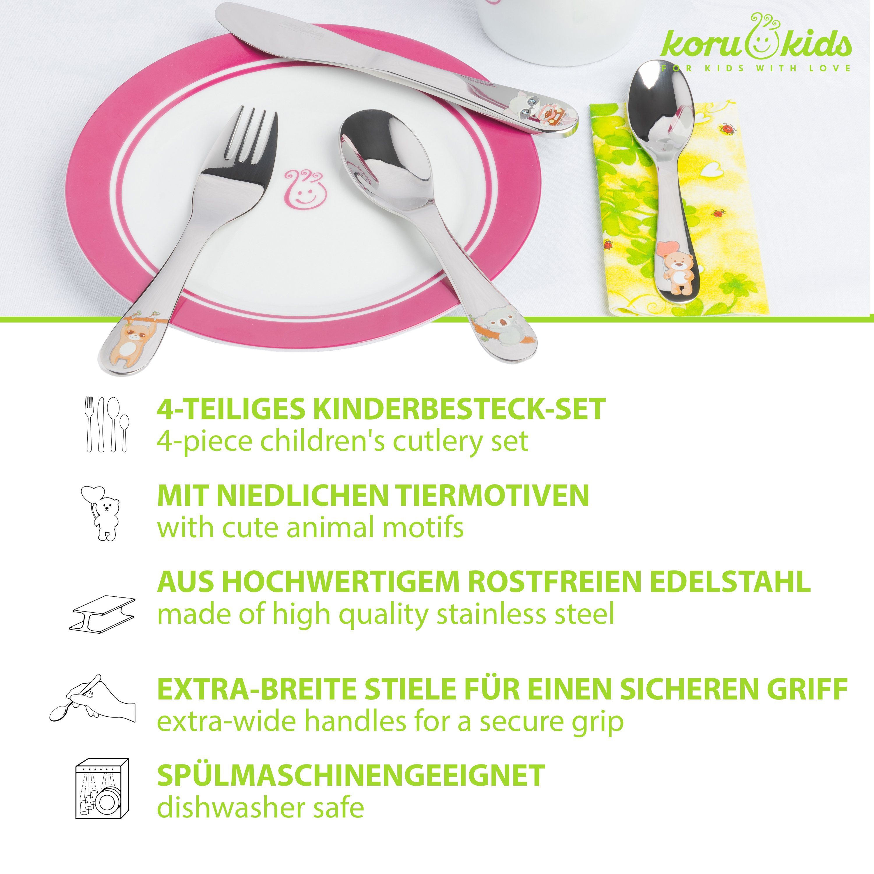 Koru Kids Kinderbesteck - 4-teiliges Set (2 Sets) - Edelstahl, niedliches Design, Kinderbesteck aus Edelstahl, spülmaschinengeeignet