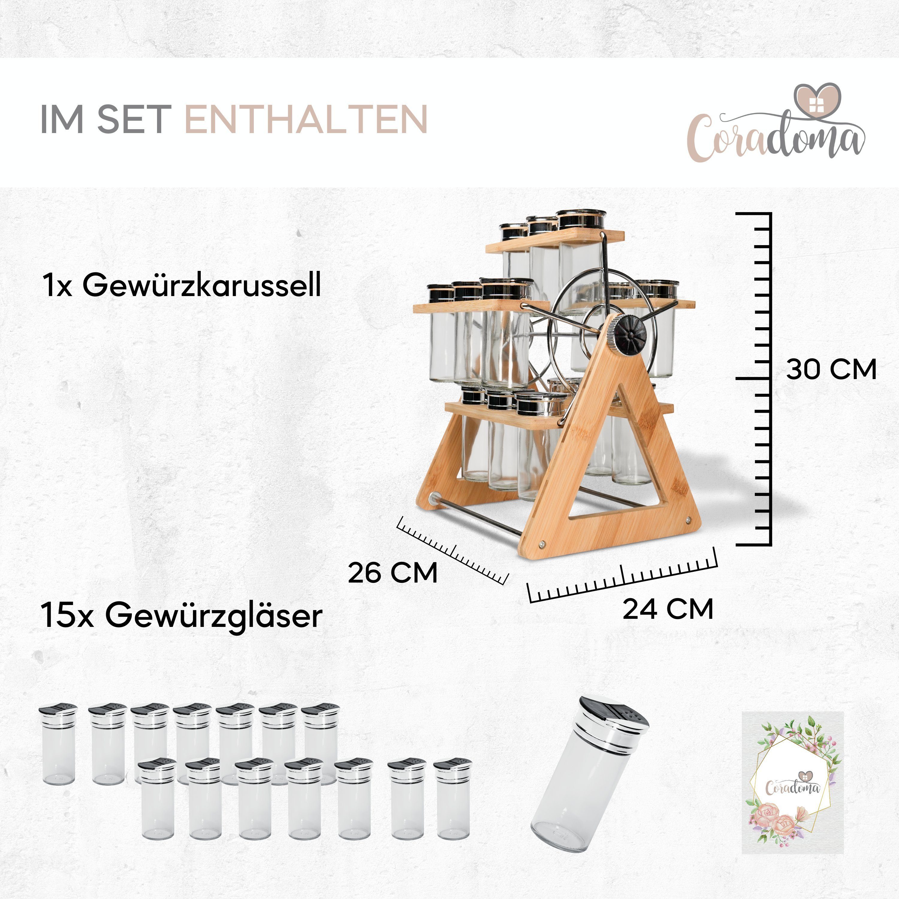 Coradoma Gewürzregal aus Holz Drehbar & Stehend mit 15 Gewürzdosen, Gewürzgläser
