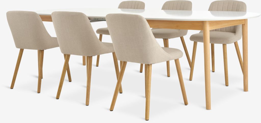 MARSTRAND ADSLEV MARSTRAND L200/280 bord hvitt 4 ADSLEV stoler med armlener beige