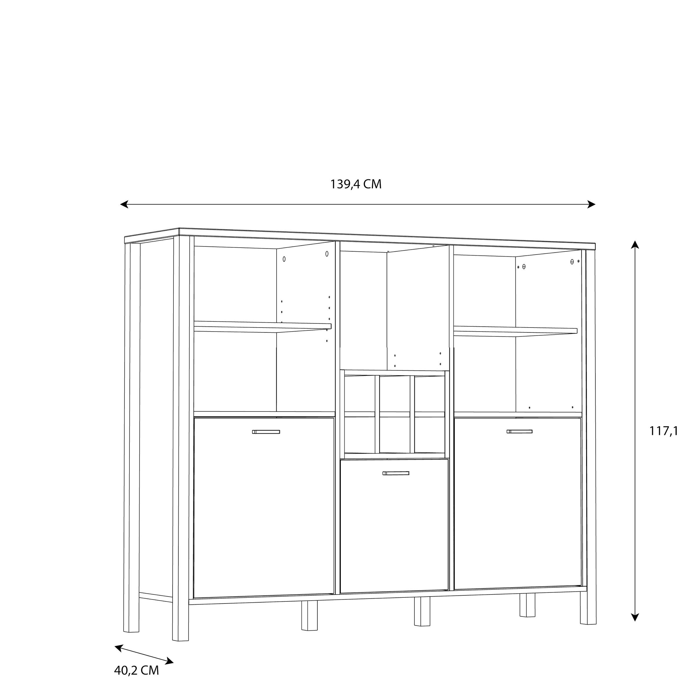 möbelando Barschrank Hialeah Barschrank im Industrial-Design aus Spanplatte in Riviera Eiche Nachbildung, Gestell in Schwarz mit 3 Holztüren, 4 Einlegeböden, 6 Flaschenfächern und 5 offenen Fächern. Breite 139,4 cm, Höhe 117,1 cm, Tiefe 40,2 cm