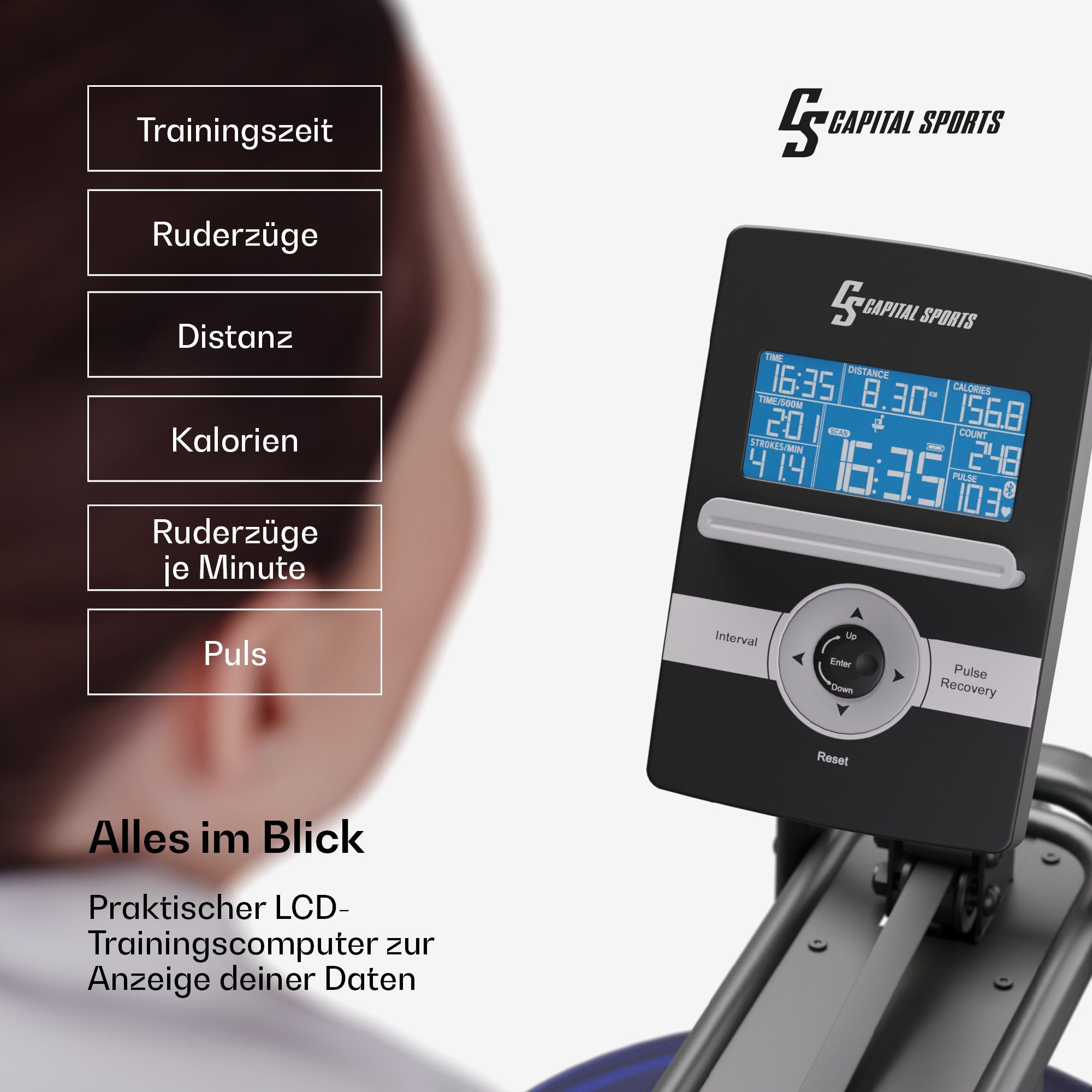 Capital Sports Rudermaschine Oceanus (Set, Set), Wasserrudergerät Ruderbank Bluetooth LCD Rudergerät