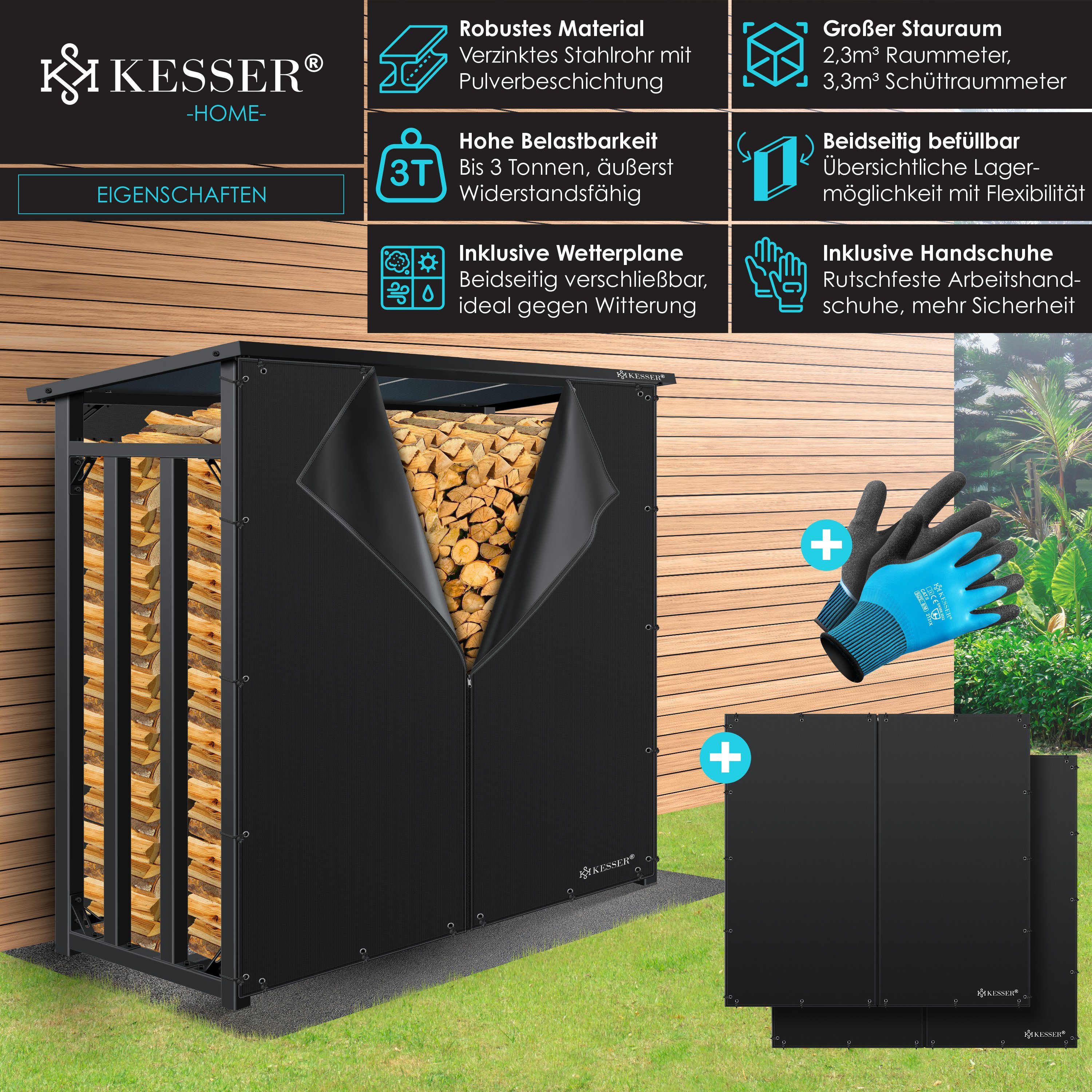 KESSER Kaminholzregal, Kaminholzregal Metall Brennholzregal 3,3 SRM / 2,3m³ außen Stahlrahmen