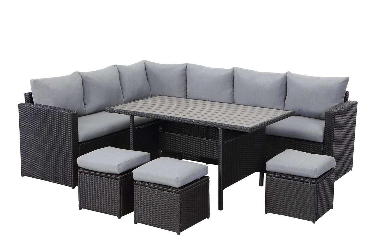 MeXo Lounge Set Polyrattan Gartenmöbel 7-teile für 6-9 Personen Garten & Balkon (schwarz & grau)