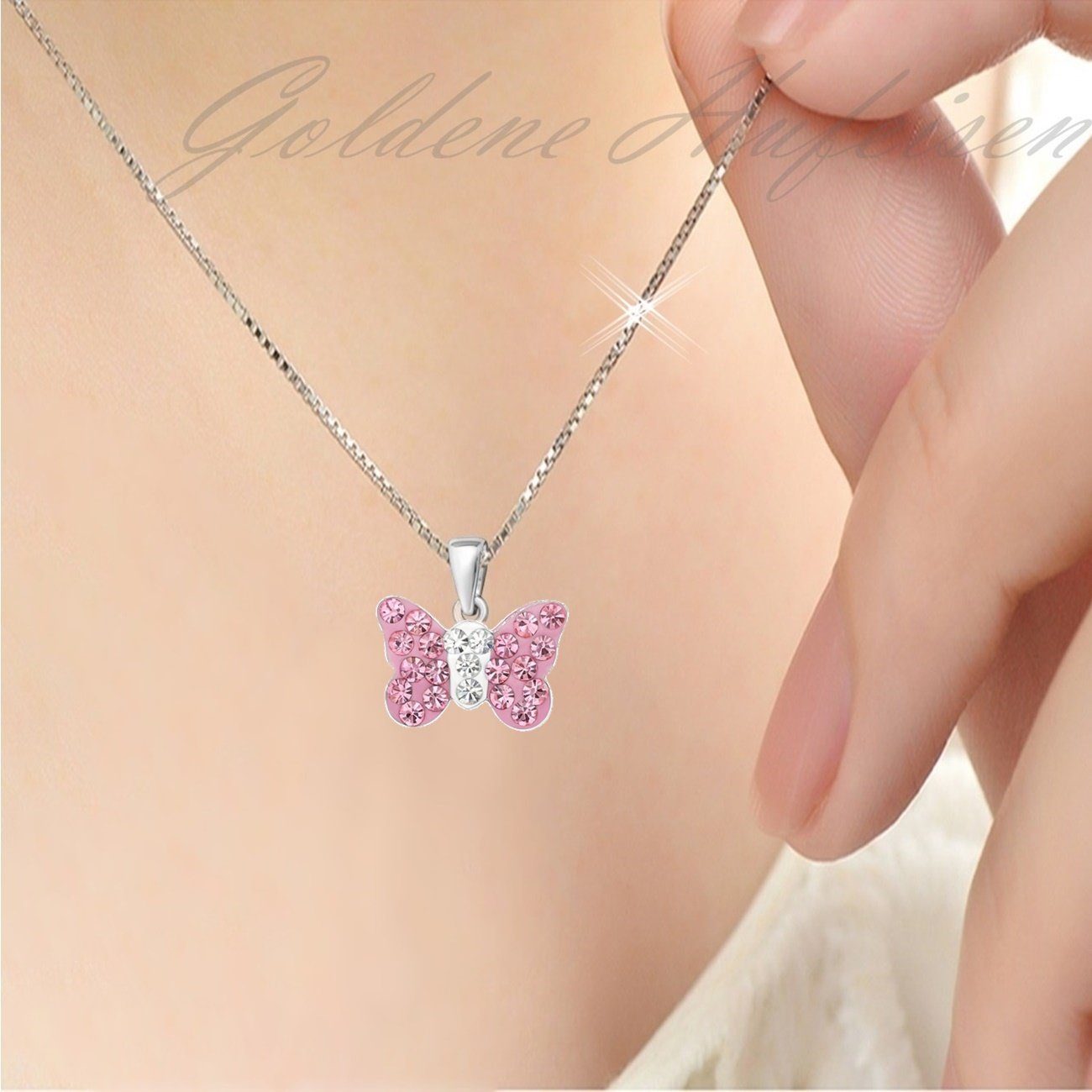Goldene Hufeisen Schmuckset Rosa Schmetterling Anhänger Kette Ohrstecker 925 Silber Kristall (4-tlg, inkl. Etui), Kinder Geschenkset
