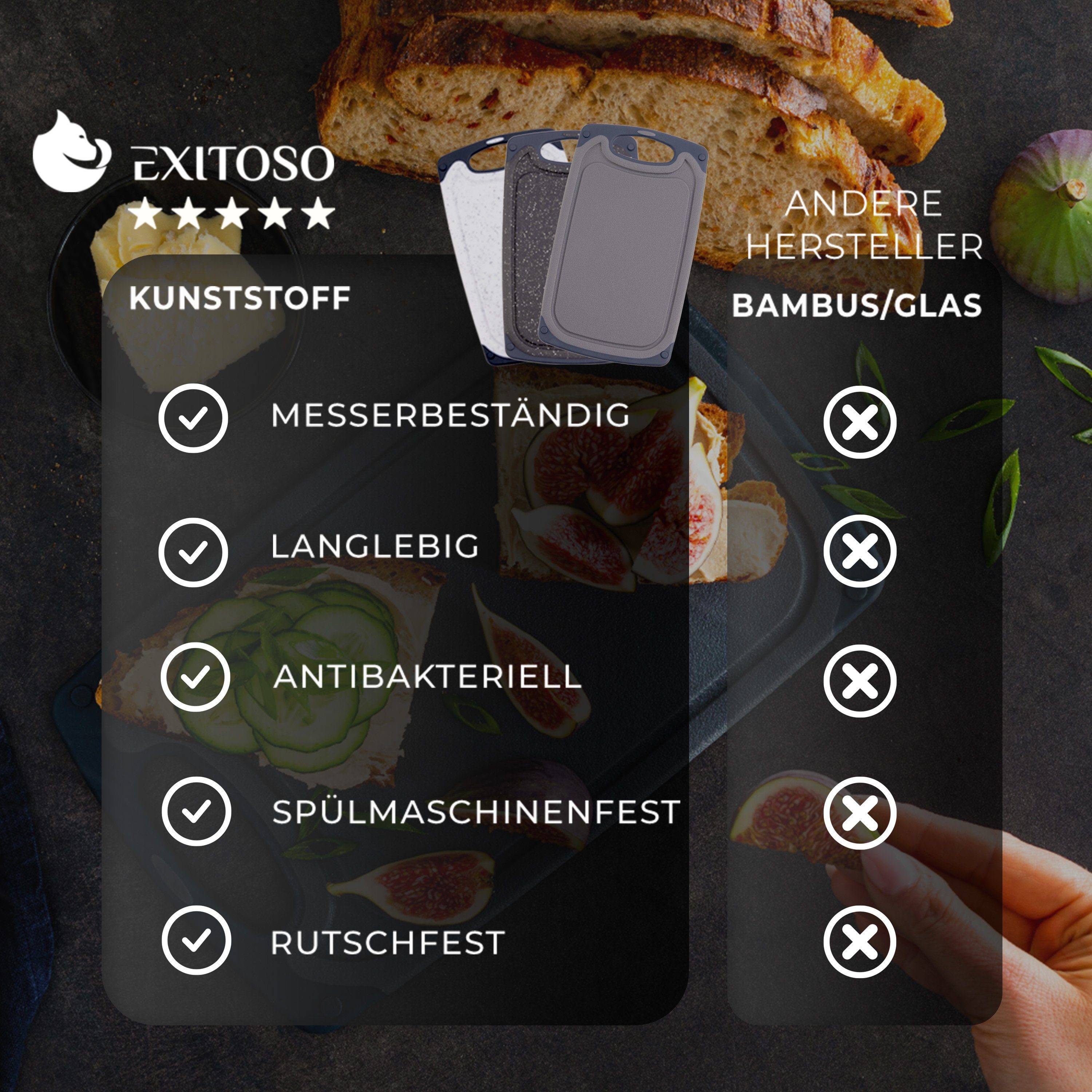 Exitoso Frühstücksbrett BPA Frei - Spülmaschinenfest mit Saftrillen, (6-St., Schneidebretter für die Küche), Mit Griff - Antibakteriell - 25x15 cm