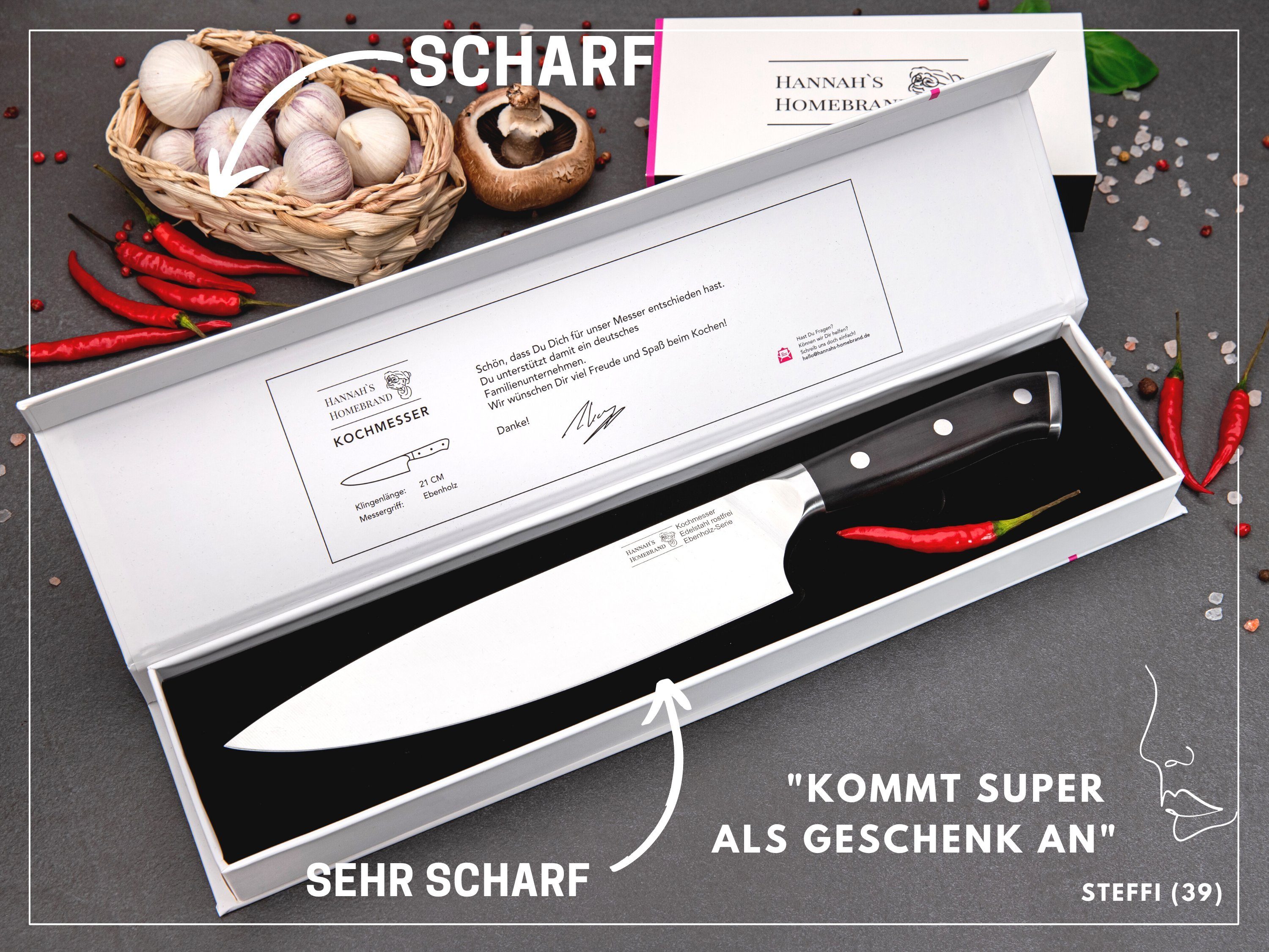 Hannah's Homebrand Kochmesser rostfreies Kochmesser extra scharf - Chefmesser mit Holzgriff, 21 cm Klinge, Holzgriff
