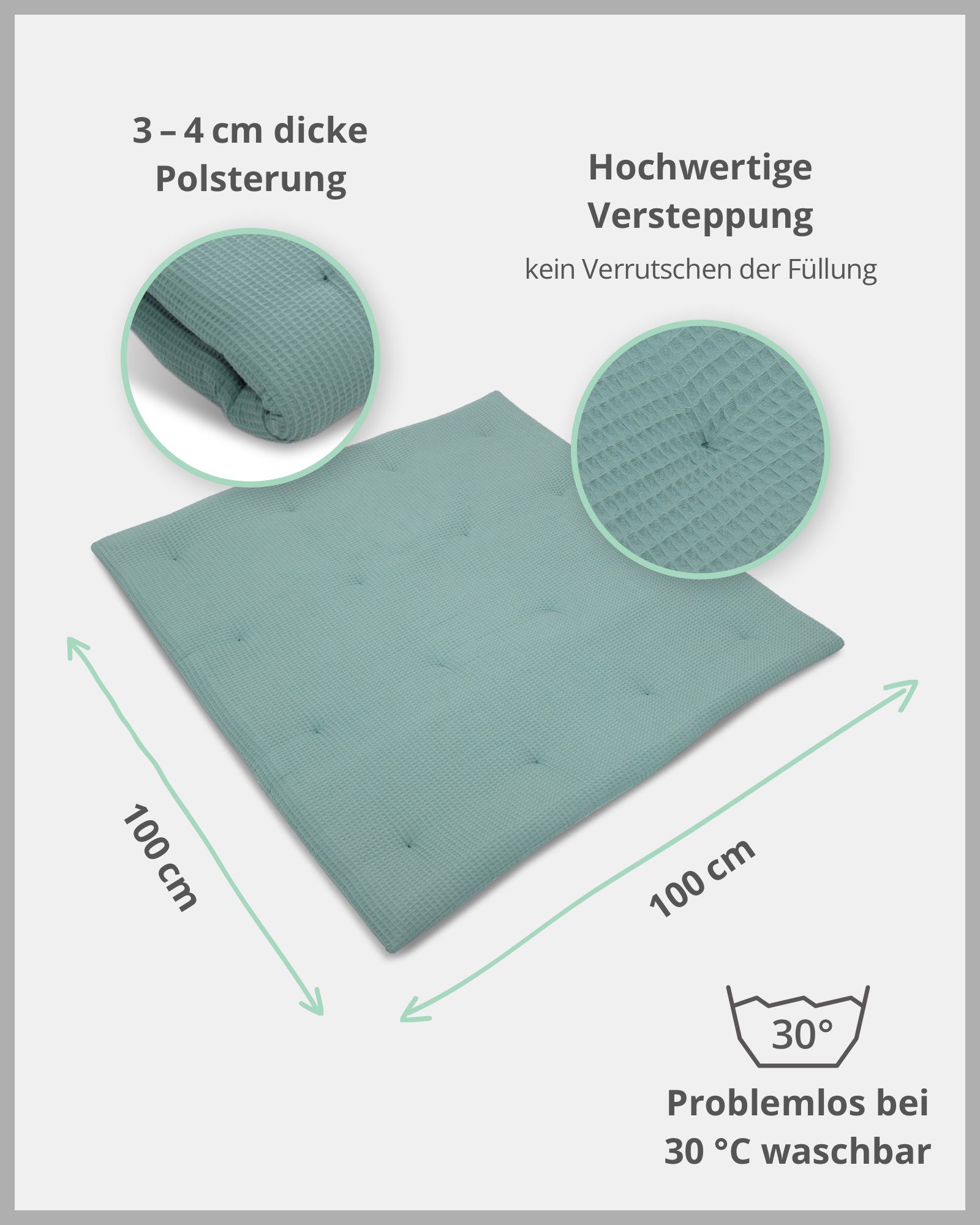 Krabbeldecke Baby Krabbeldecke 100x100 cm Salbeigrün (Made in EU), ULLENBOOM ®, Dick gepolstert, Außenstoff 100% Baumwolle, Waffelpiquè