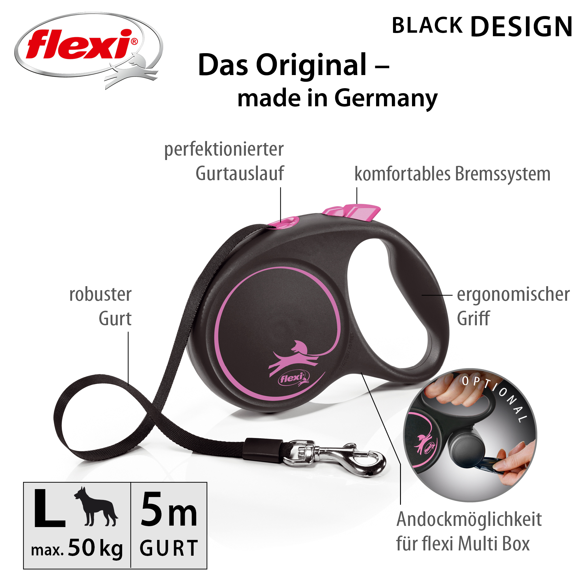 Flexi Hundeleinen Flexi Black Design Gurt pink L, 5 m, 50 kg