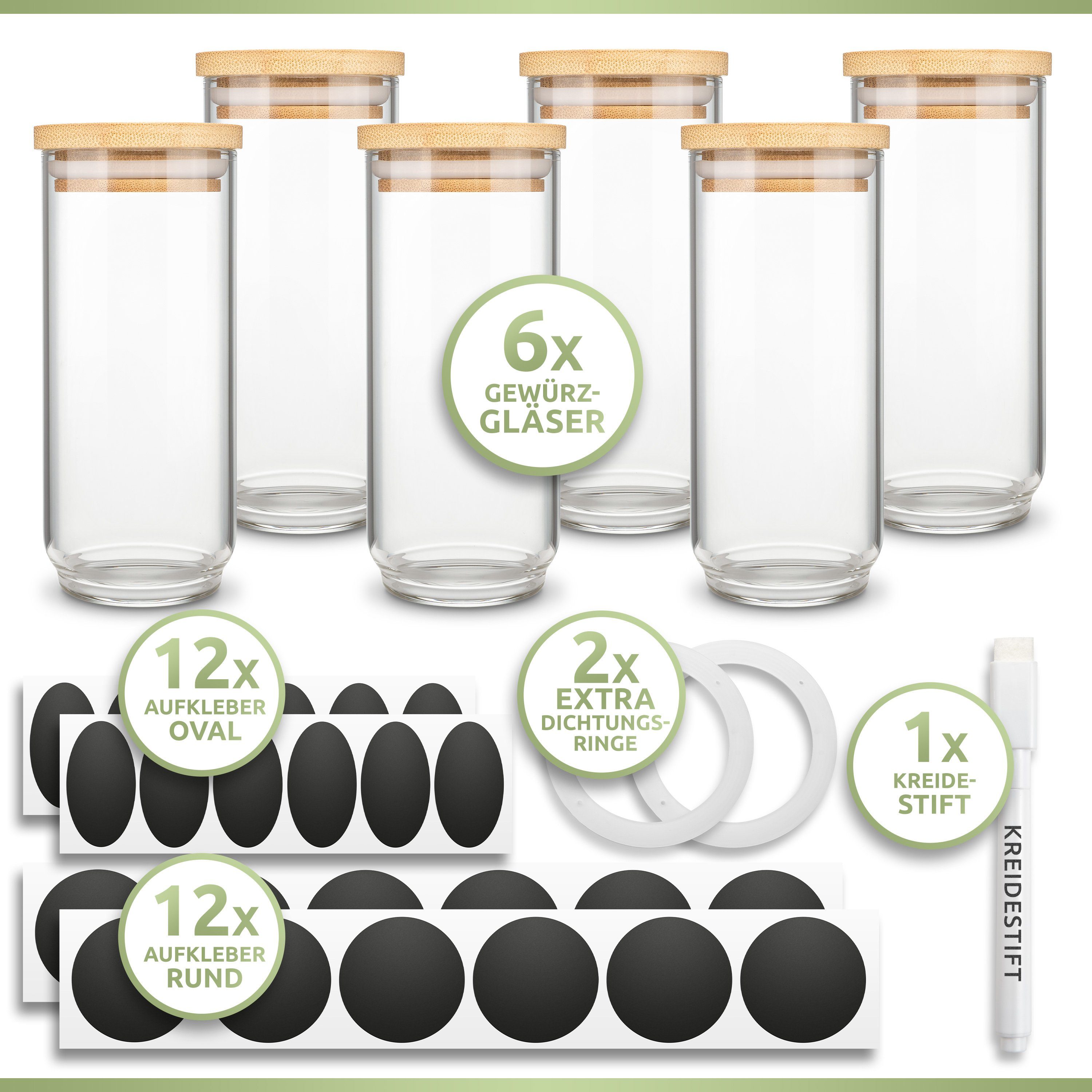 PORADA Gewürzbehälter Gewürzgläser 250 ml Set stapelbare Glasbehälter mit Deckel, (Set, 6-tlg., 6x Gewürzgläser 250ml, 12x runde Aufkleber, 12x ovale Aufkleber), Handarbeit, platzsparend, stapelbar. Bambusdeckel, geruchsdicht